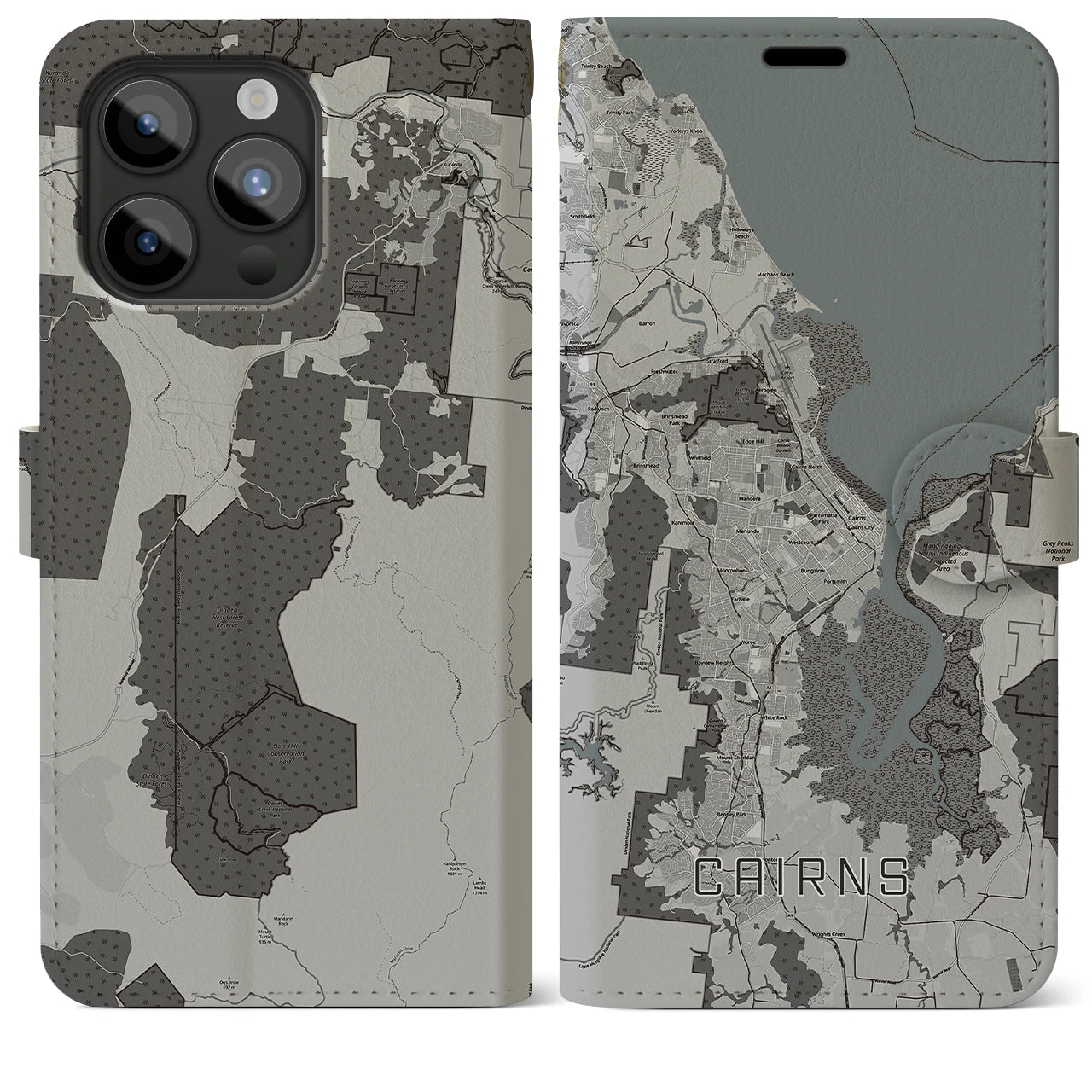 【ケアンズ(オーストラリア)】地図柄iPhoneケース(手帳タイプ)モノトーン・iPhone 15 Pro Max 用