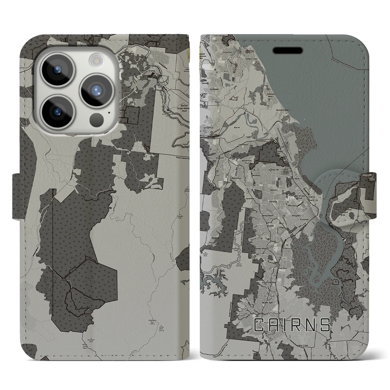 【ケアンズ(オーストラリア)】地図柄iPhoneケース(手帳タイプ)モノトーン・iPhone 15 Pro 用