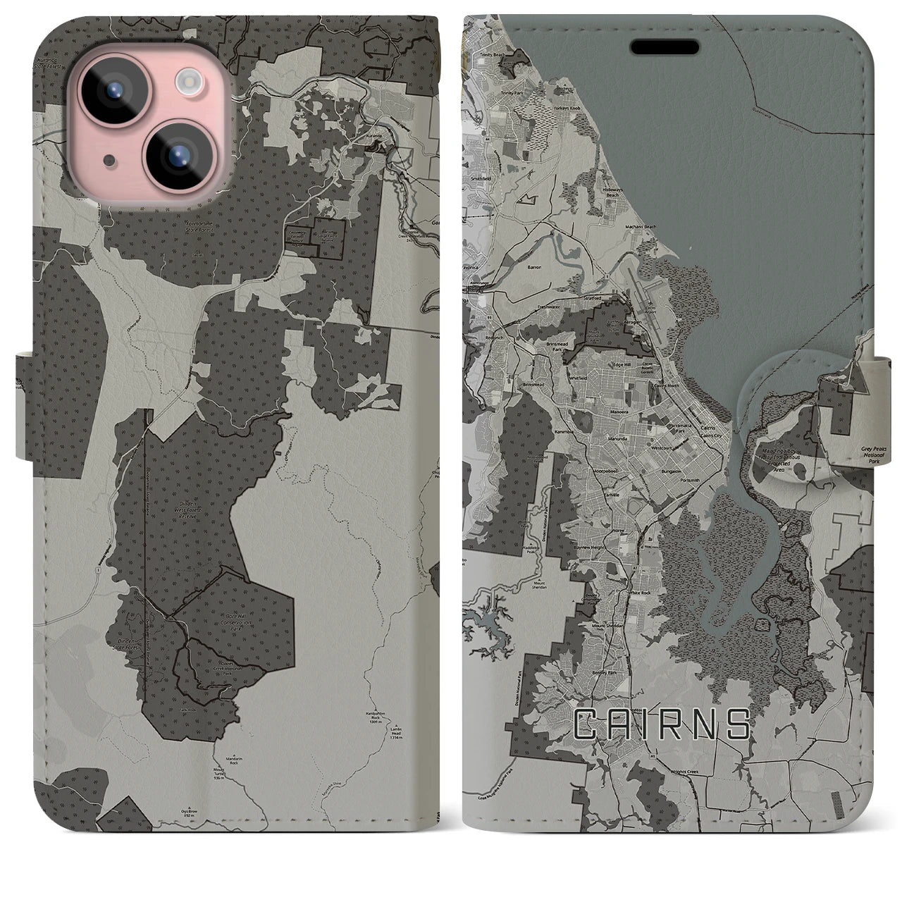【ケアンズ(オーストラリア)】地図柄iPhoneケース(手帳タイプ)モノトーン・iPhone 15 Plus 用