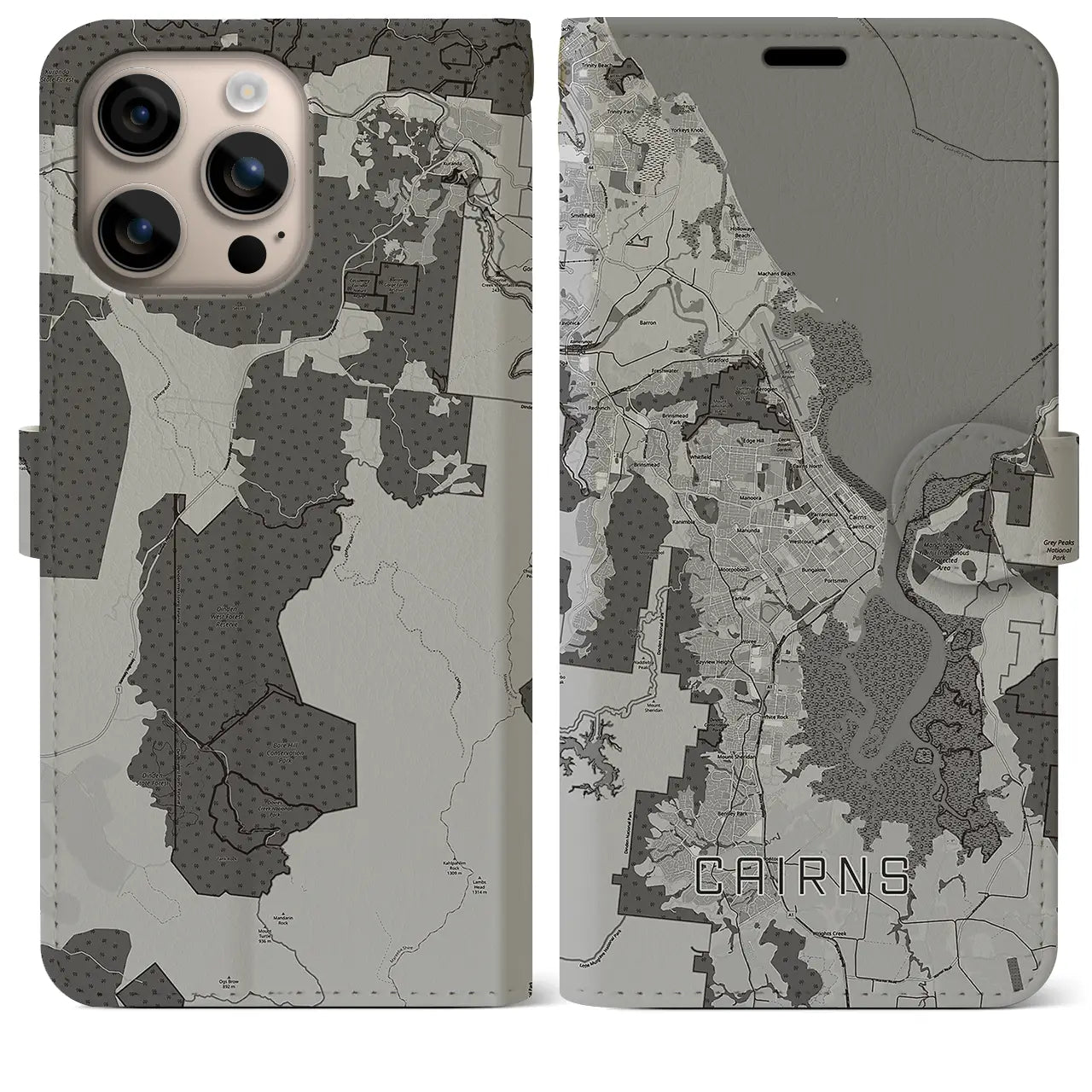【ケアンズ(オーストラリア)】地図柄iPhoneケース(手帳タイプ)モノトーン・iPhone 16 Plus 用
