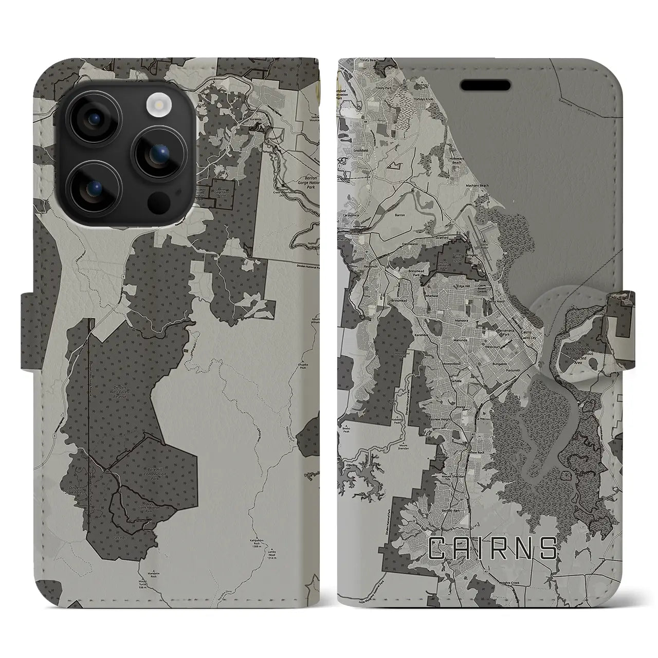 【ケアンズ(オーストラリア)】地図柄iPhoneケース(手帳タイプ)モノトーン・iPhone 16 用