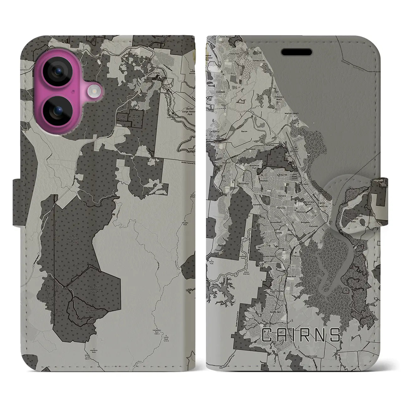 【ケアンズ(オーストラリア)】地図柄iPhoneケース(手帳タイプ)モノトーン・iPhone 16 Pro 用