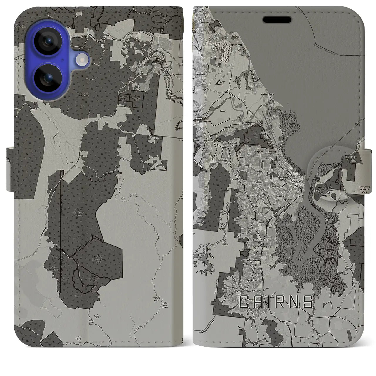 【ケアンズ(オーストラリア)】地図柄iPhoneケース(手帳タイプ)モノトーン・iPhone 16 Pro Max 用