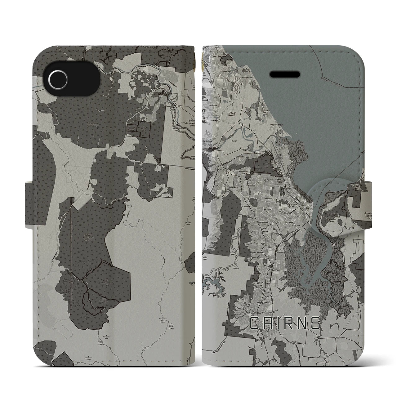 【ケアンズ(オーストラリア)】地図柄iPhoneケース(手帳タイプ)モノトーン・iPhone SE(第3 / 第2世代) / 8 / 7 / 6s / 6 用