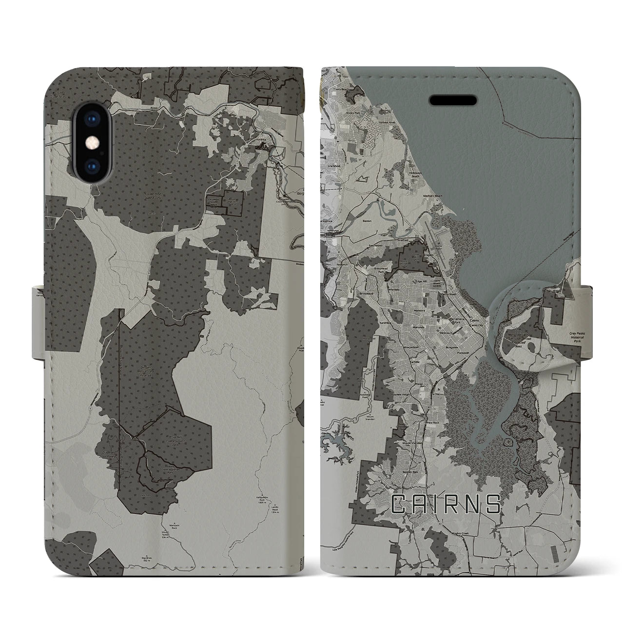 【ケアンズ(オーストラリア)】地図柄iPhoneケース(手帳タイプ)モノトーン・iPhone XS / X 用