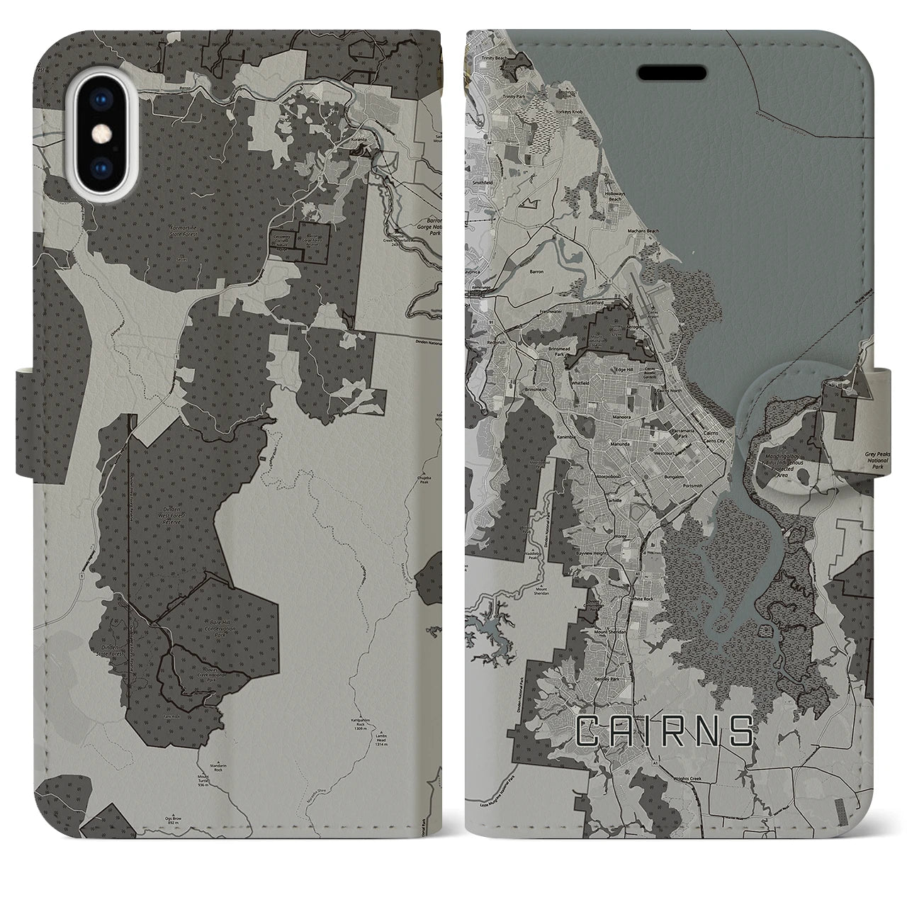 【ケアンズ(オーストラリア)】地図柄iPhoneケース(手帳タイプ)モノトーン・iPhone XS Max 用