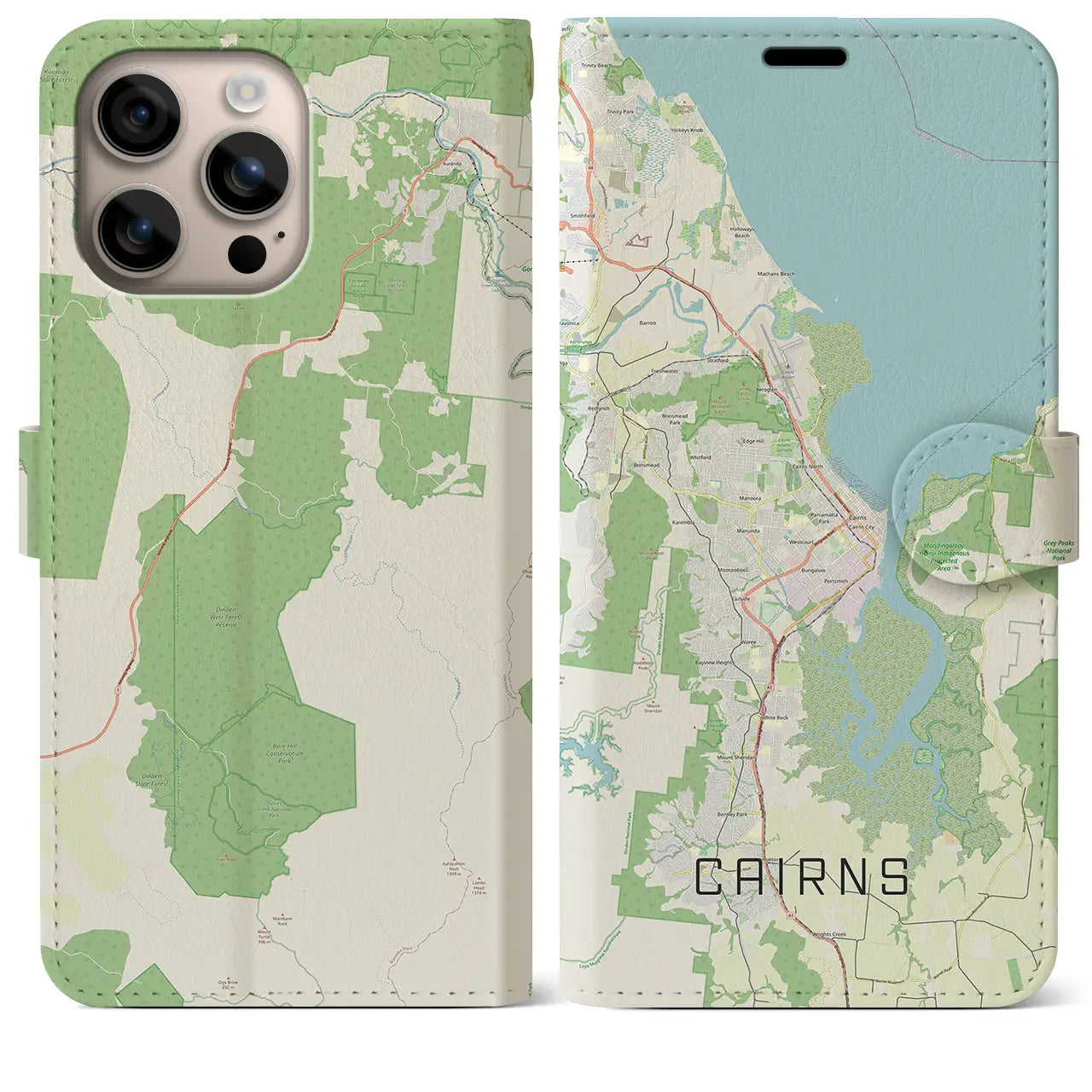 【ケアンズ(オーストラリア)】地図柄iPhoneケース(手帳タイプ)ナチュラル・iPhone 16 Plus 用