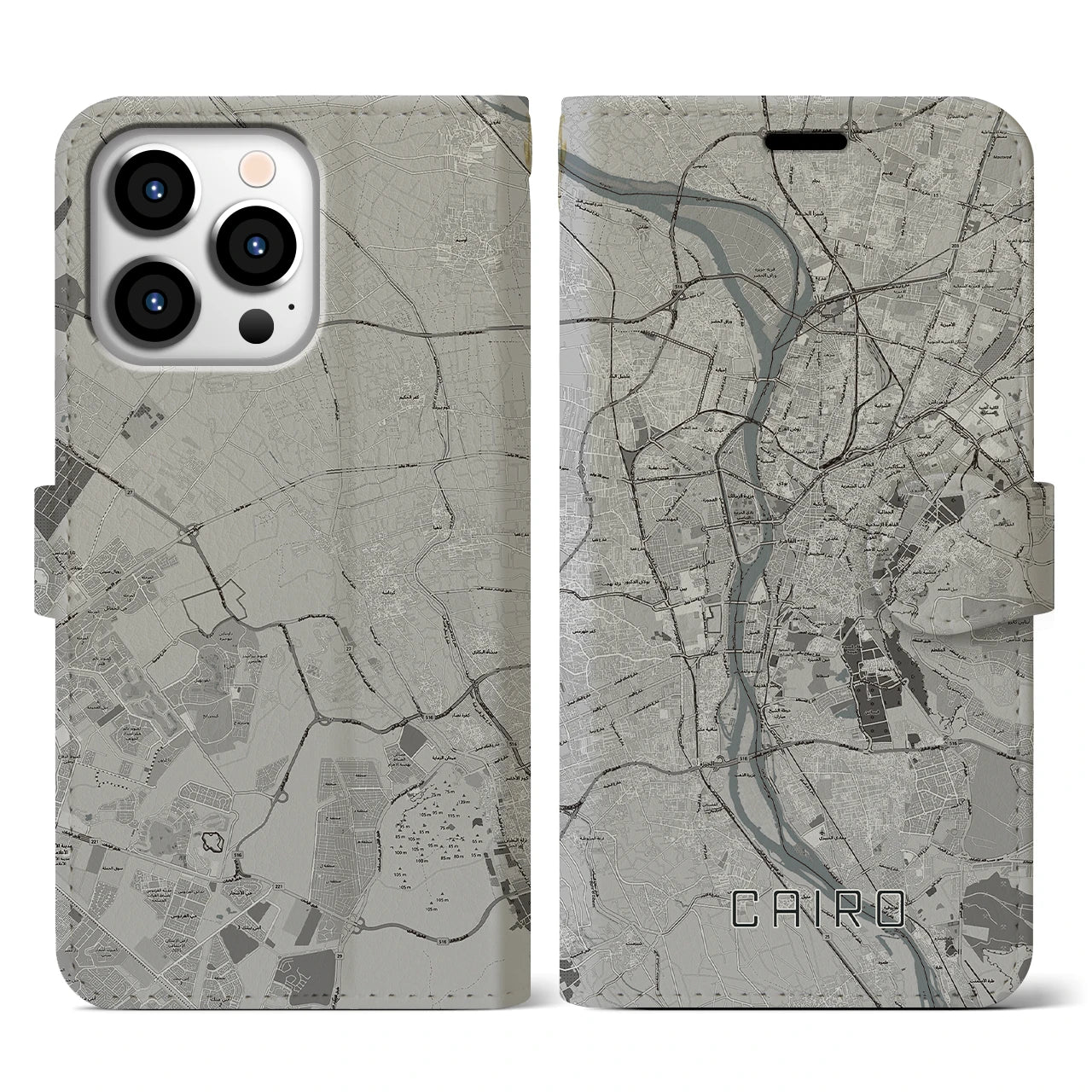 【カイロ(エジプト)】地図柄iPhoneケース(手帳タイプ)モノトーン・iPhone 13 Pro 用