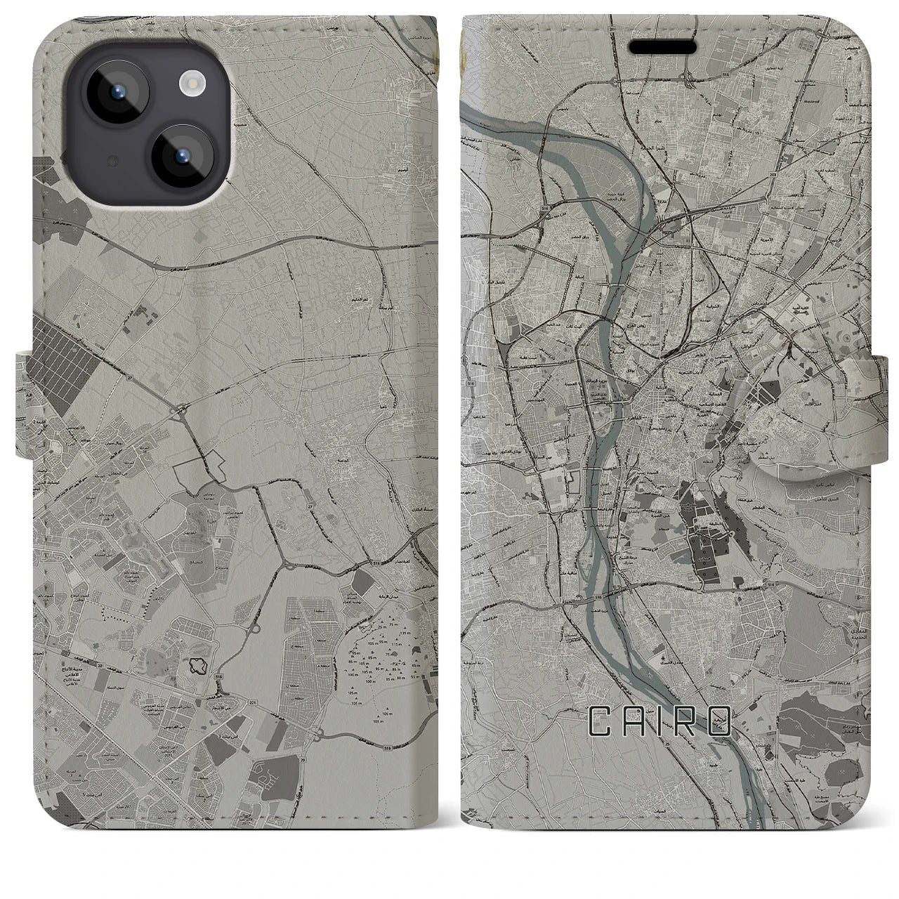 【カイロ(エジプト)】地図柄iPhoneケース(手帳タイプ)モノトーン・iPhone 14 Plus 用