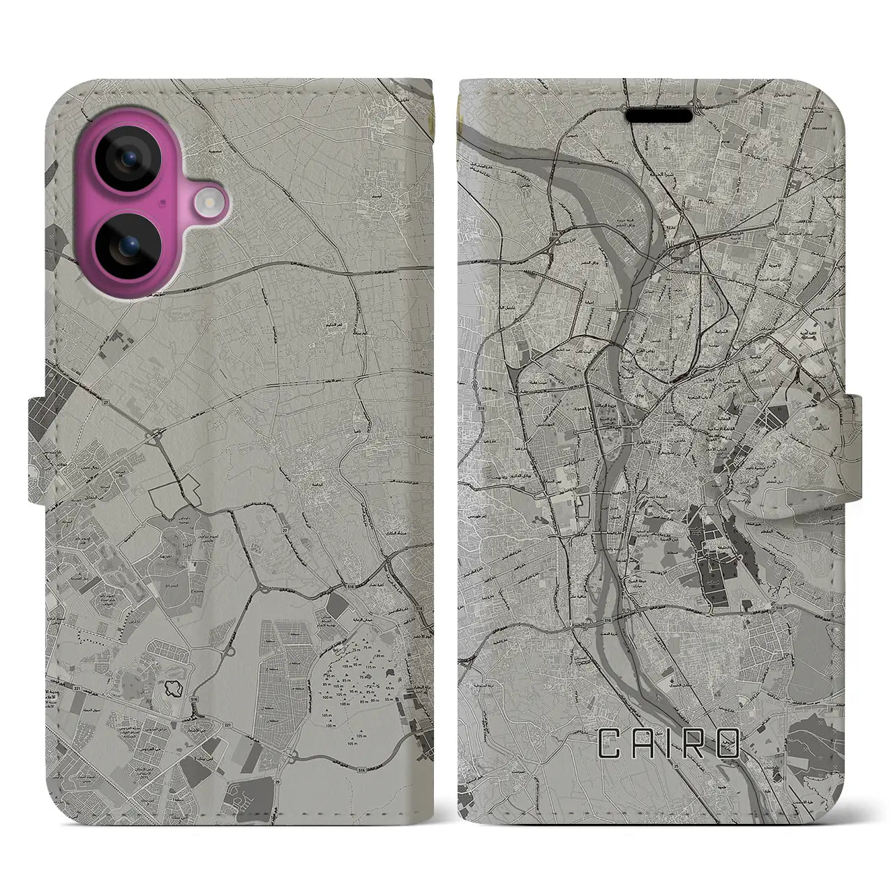 【カイロ(エジプト)】地図柄iPhoneケース(手帳タイプ)モノトーン・iPhone 16 Pro 用