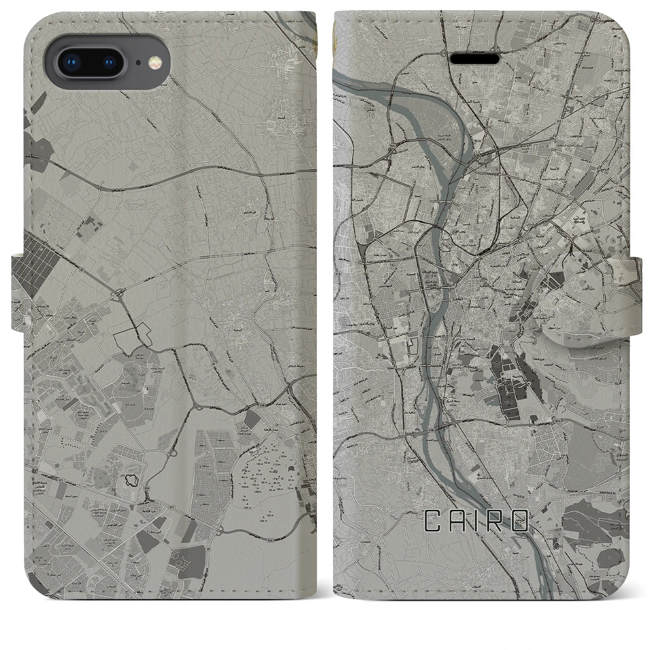 【カイロ(エジプト)】地図柄iPhoneケース(手帳タイプ)モノトーン・iPhone 8Plus /7Plus / 6sPlus / 6Plus 用