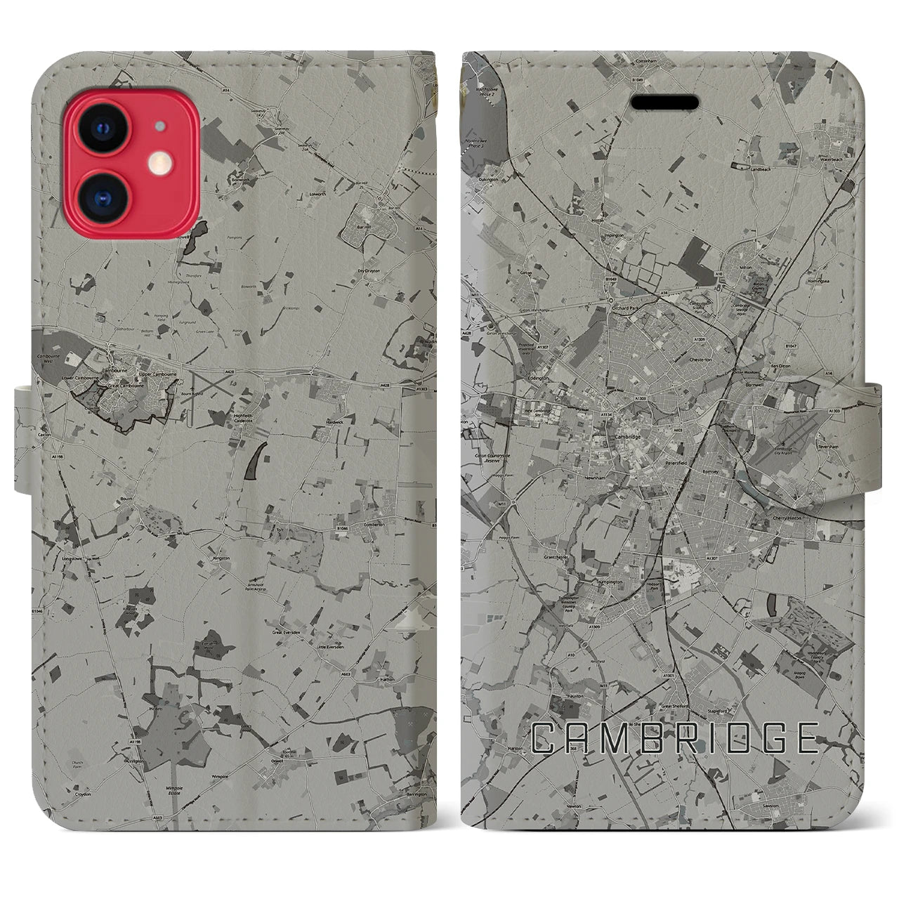 【ケンブリッジ(イギリス)】地図柄iPhoneケース(手帳タイプ)モノトーン・iPhone 11 用