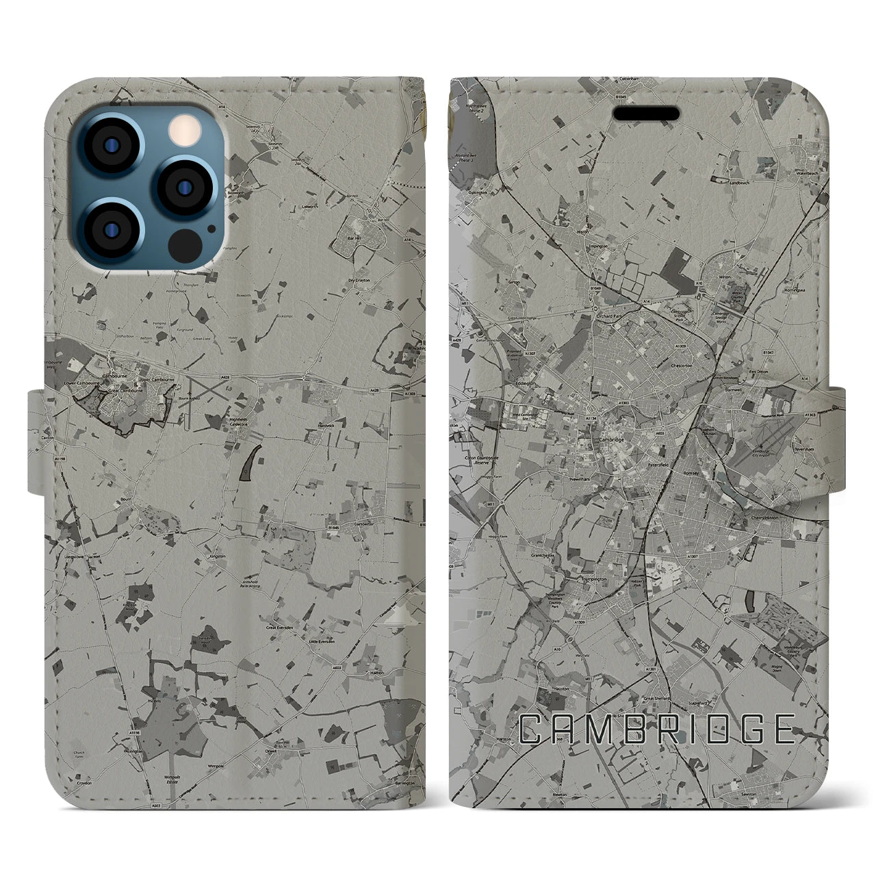 【ケンブリッジ(イギリス)】地図柄iPhoneケース(手帳タイプ)モノトーン・iPhone 12 / 12 Pro 用