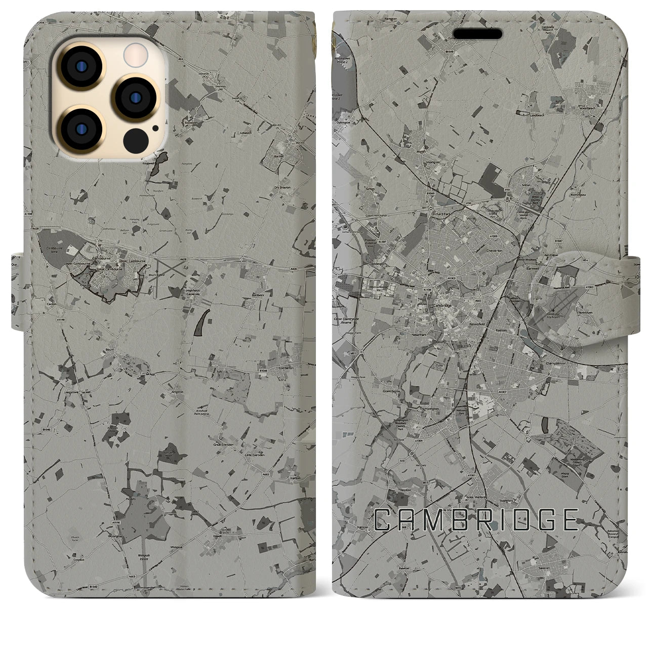 【ケンブリッジ(イギリス)】地図柄iPhoneケース(手帳タイプ)モノトーン・iPhone 12 Pro Max 用