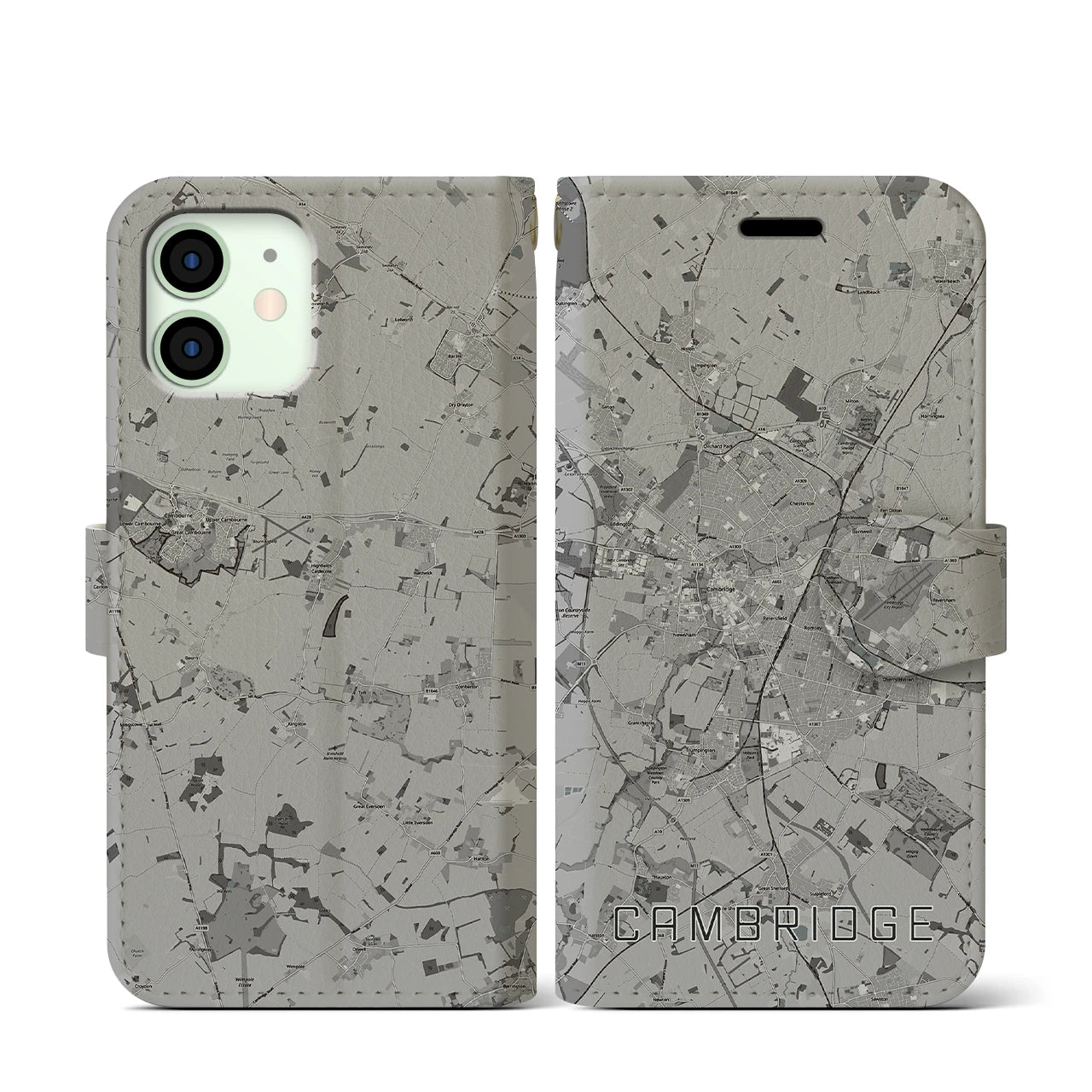 【ケンブリッジ(イギリス)】地図柄iPhoneケース(手帳タイプ)モノトーン・iPhone 12 mini 用