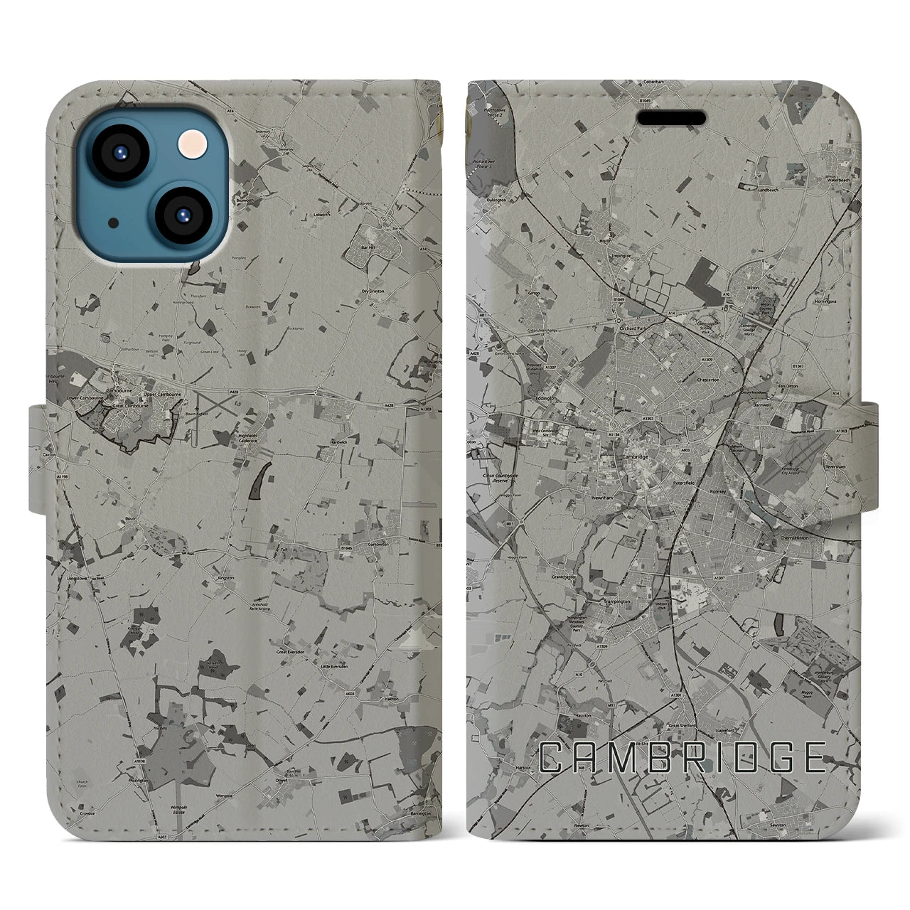 【ケンブリッジ(イギリス)】地図柄iPhoneケース(手帳タイプ)モノトーン・iPhone 13 用