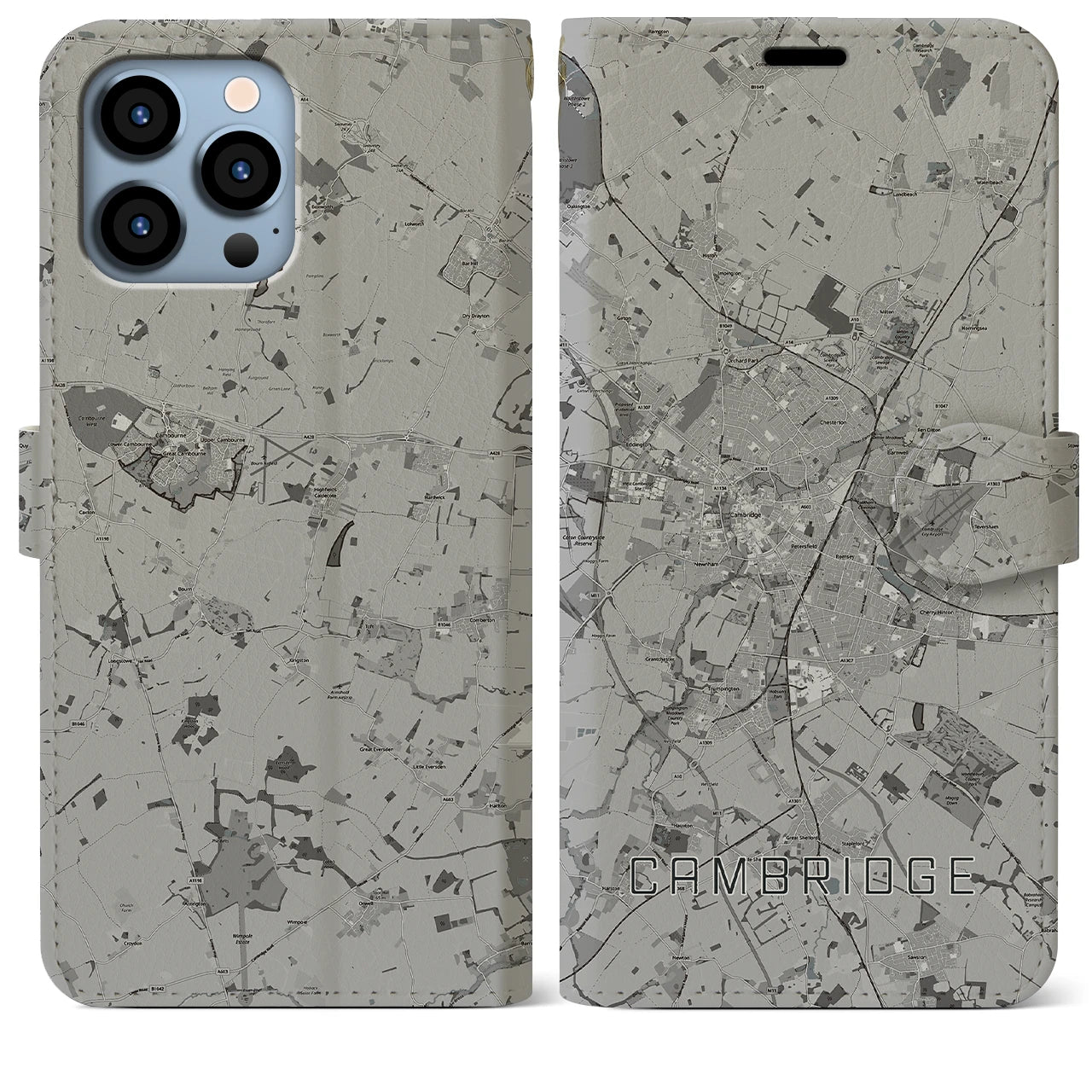 【ケンブリッジ(イギリス)】地図柄iPhoneケース(手帳タイプ)モノトーン・iPhone 13 Pro Max 用