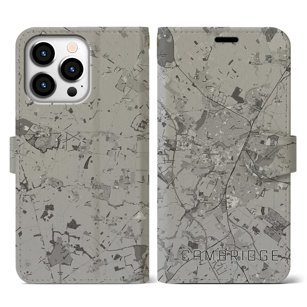 【ケンブリッジ(イギリス)】地図柄iPhoneケース(手帳タイプ)モノトーン・iPhone 13 Pro 用