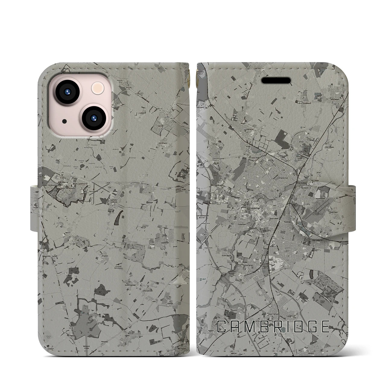 【ケンブリッジ(イギリス)】地図柄iPhoneケース(手帳タイプ)モノトーン・iPhone 13 mini 用