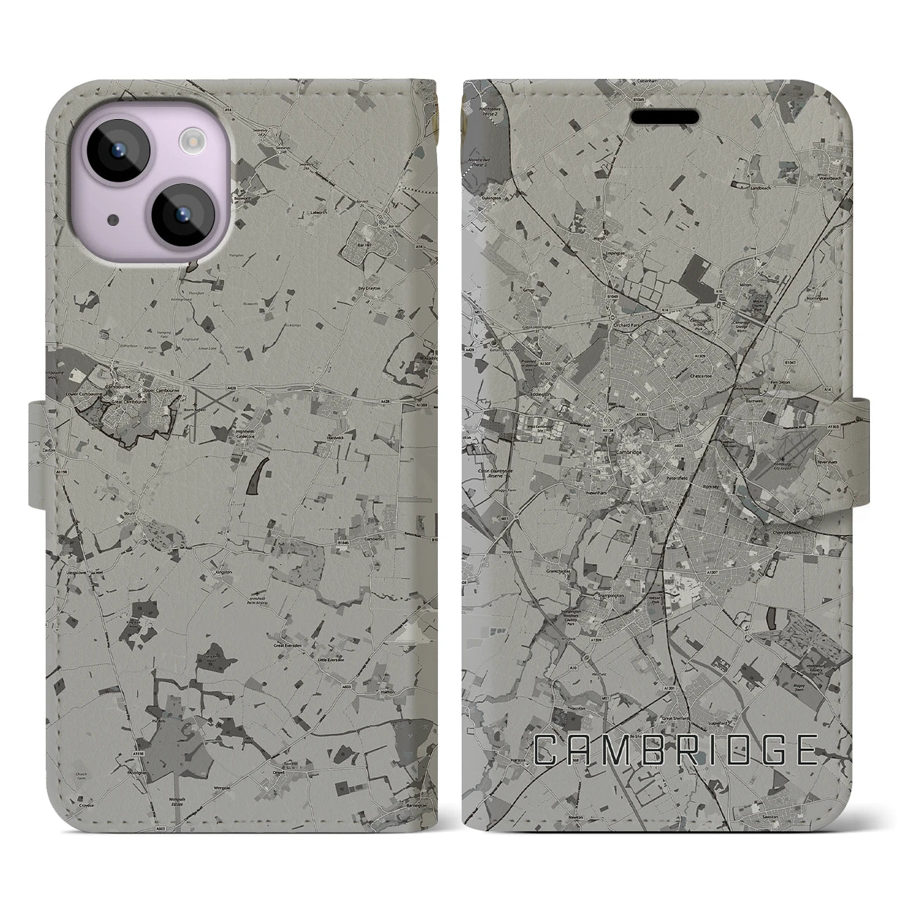 【ケンブリッジ(イギリス)】地図柄iPhoneケース(手帳タイプ)モノトーン・iPhone 14 用