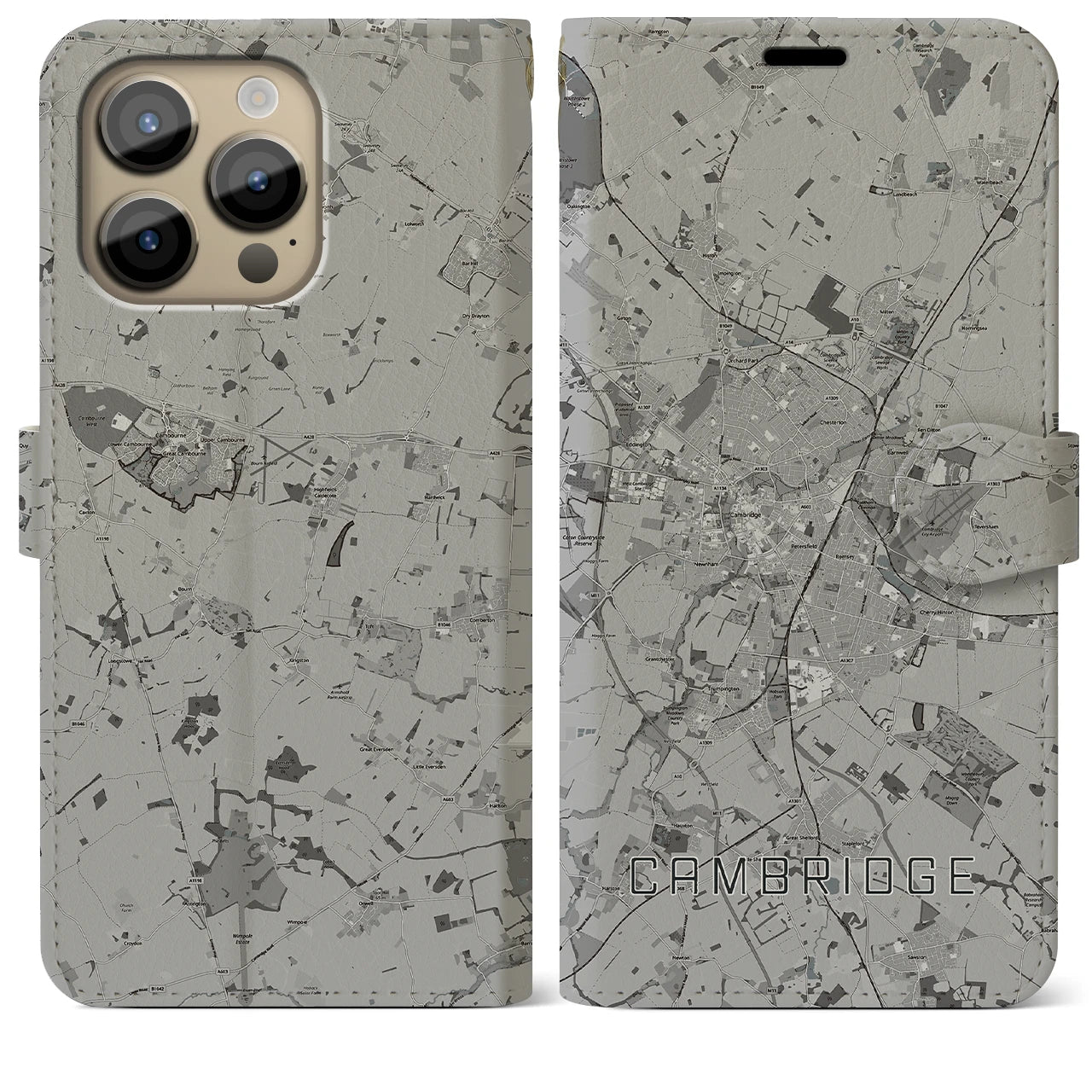 【ケンブリッジ(イギリス)】地図柄iPhoneケース(手帳タイプ)モノトーン・iPhone 14 Pro Max 用