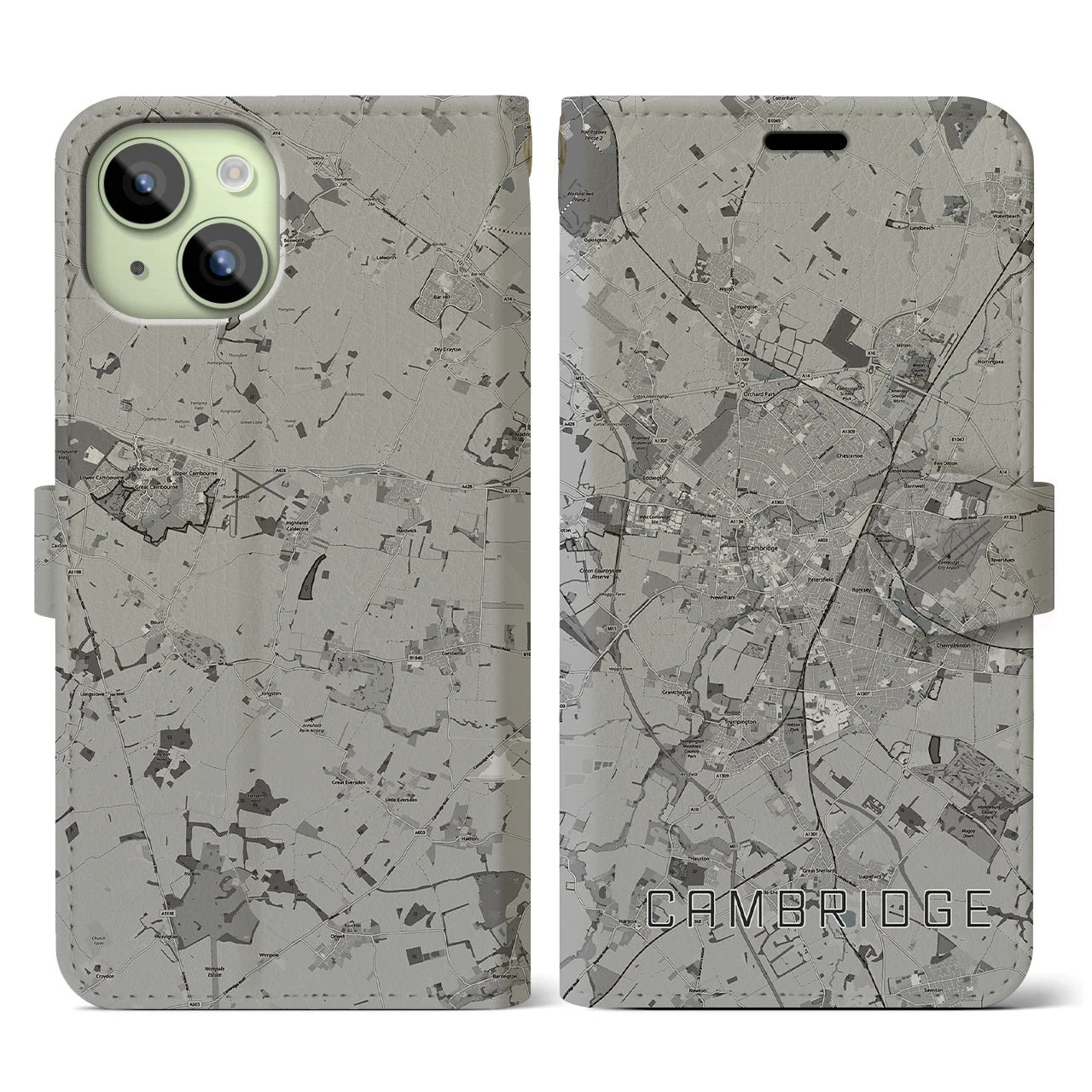【ケンブリッジ(イギリス)】地図柄iPhoneケース(手帳タイプ)モノトーン・iPhone 15 用