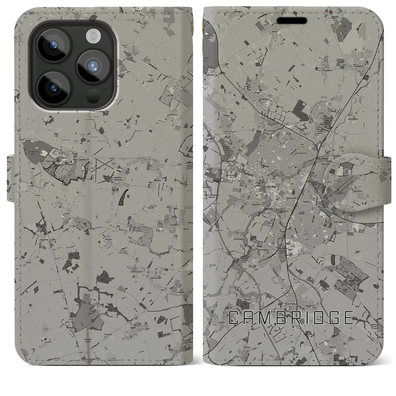 【ケンブリッジ(イギリス)】地図柄iPhoneケース(手帳タイプ)モノトーン・iPhone 15 Pro Max 用
