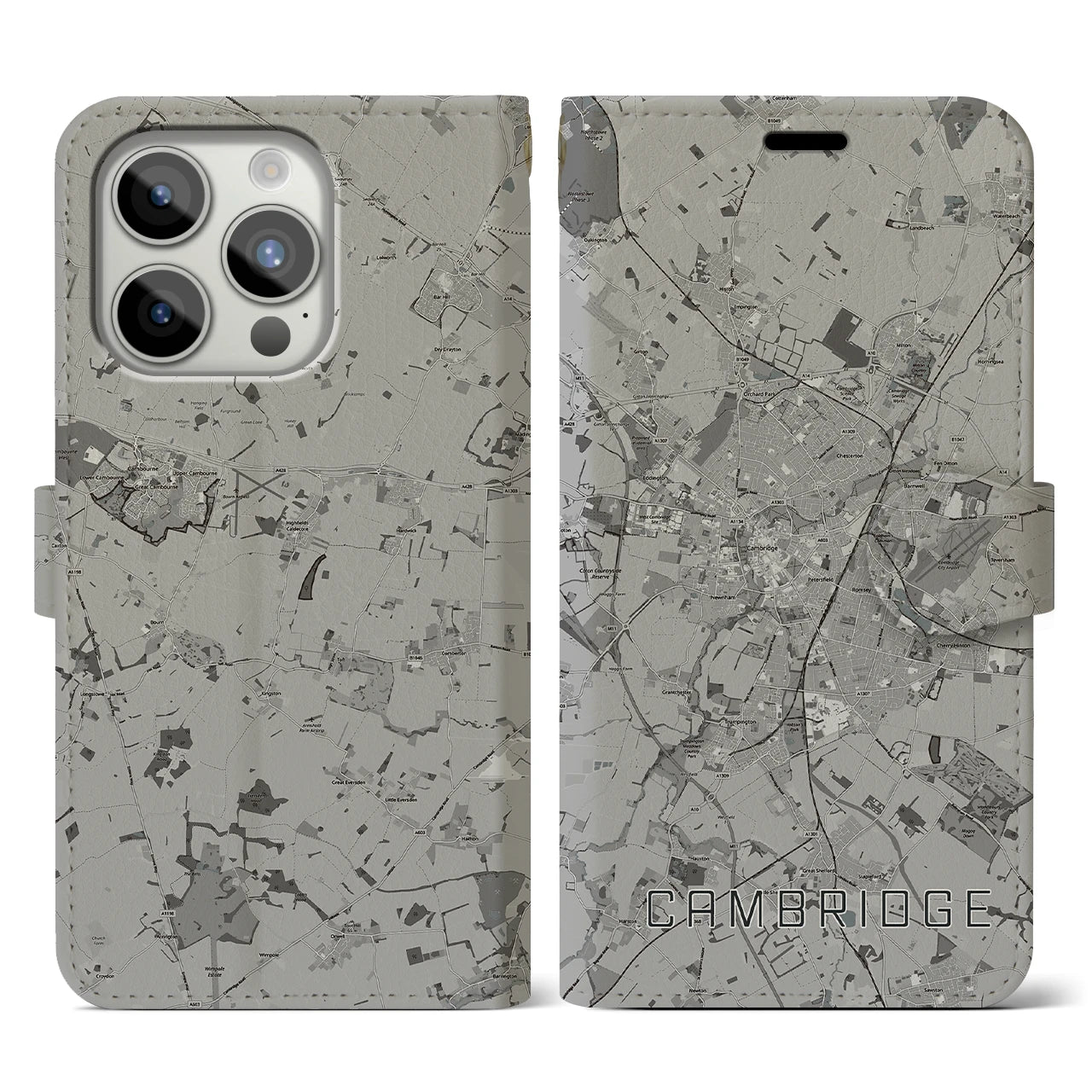 【ケンブリッジ(イギリス)】地図柄iPhoneケース(手帳タイプ)モノトーン・iPhone 15 Pro 用