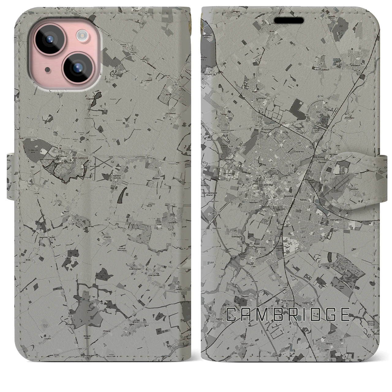 【ケンブリッジ(イギリス)】地図柄iPhoneケース(手帳タイプ)モノトーン・iPhone 15 Plus 用
