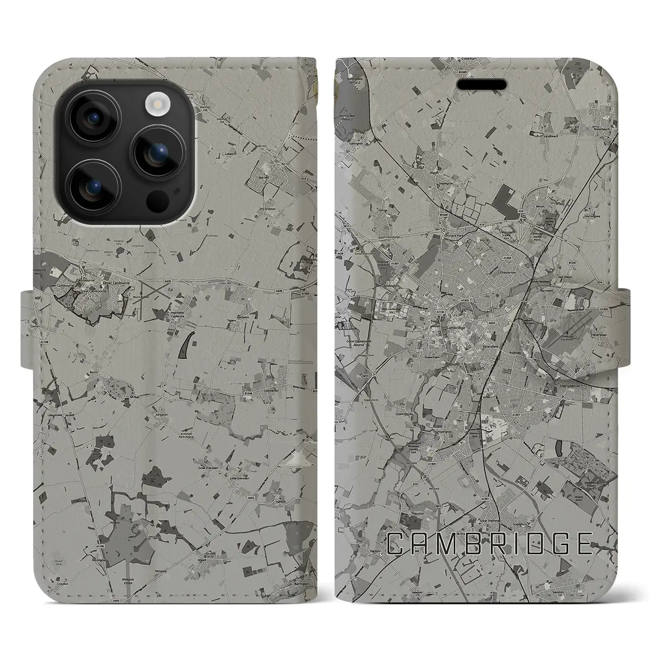【ケンブリッジ(イギリス)】地図柄iPhoneケース(手帳タイプ)モノトーン・iPhone 16 用