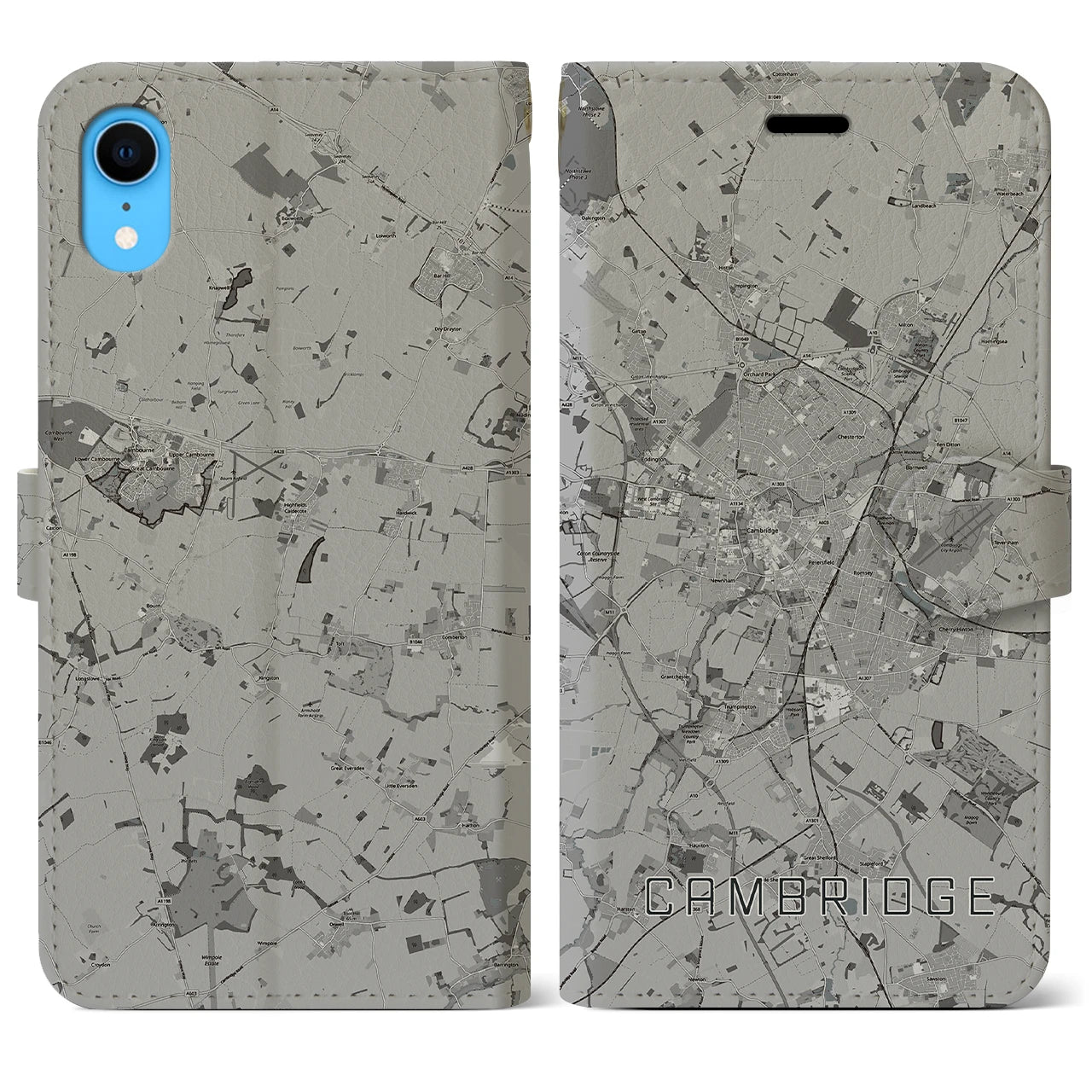 【ケンブリッジ(イギリス)】地図柄iPhoneケース(手帳タイプ)モノトーン・iPhone XR 用