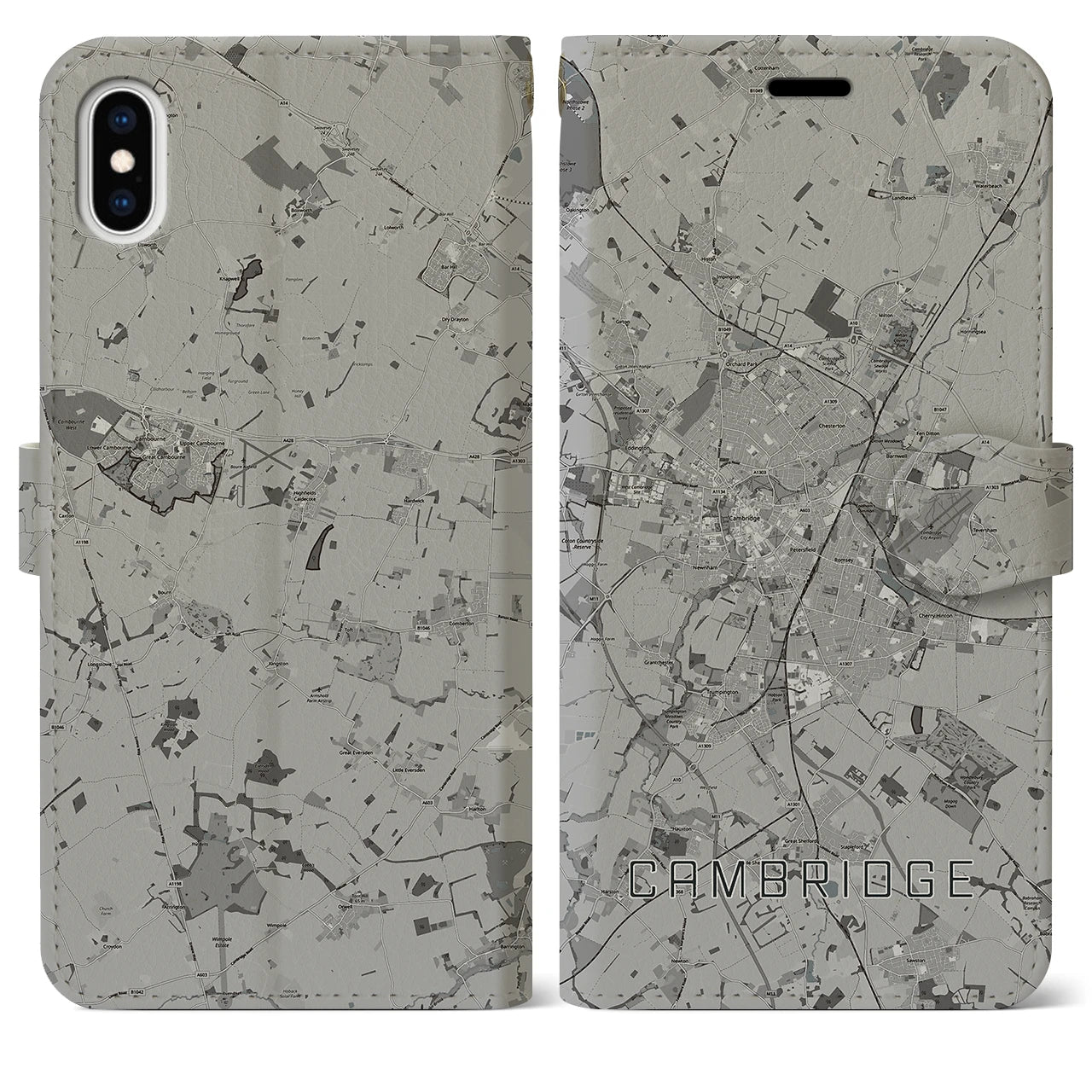 【ケンブリッジ(イギリス)】地図柄iPhoneケース(手帳タイプ)モノトーン・iPhone XS Max 用