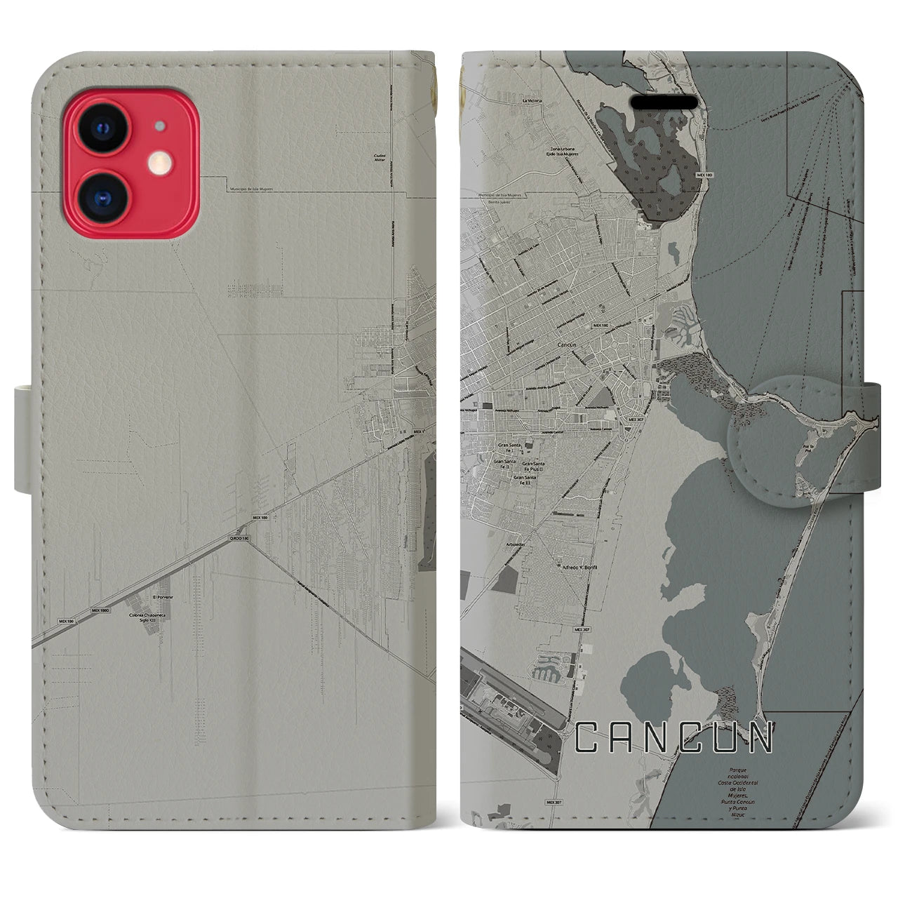【カンクン(メキシコ)】地図柄iPhoneケース(手帳タイプ)モノトーン・iPhone 11 用