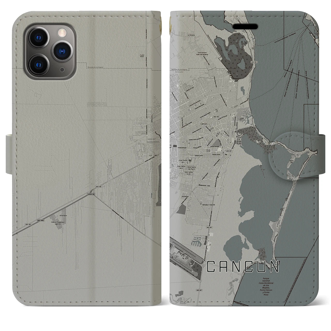 【カンクン(メキシコ)】地図柄iPhoneケース(手帳タイプ)モノトーン・iPhone 11 Pro Max 用