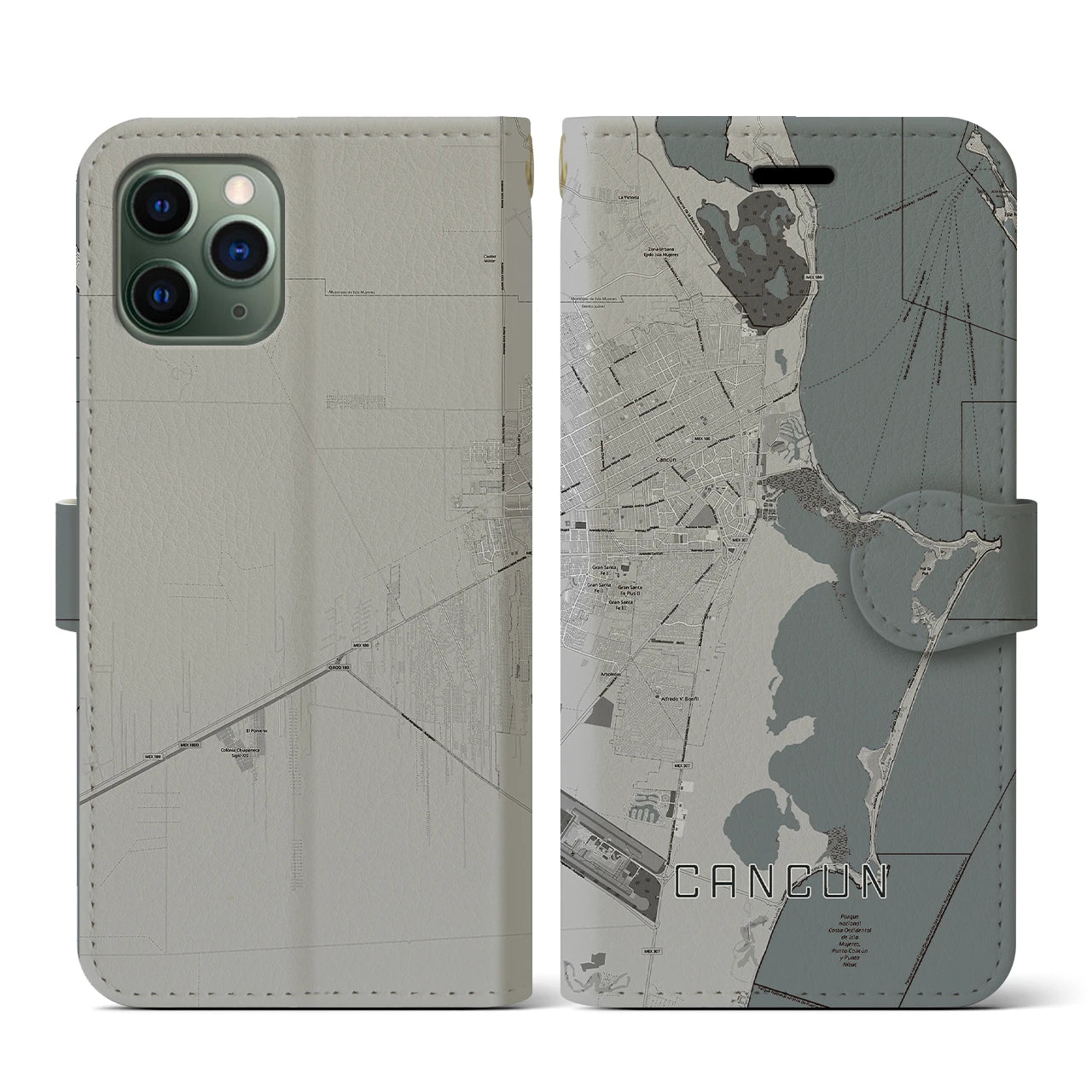 【カンクン(メキシコ)】地図柄iPhoneケース(手帳タイプ)モノトーン・iPhone 11 Pro 用