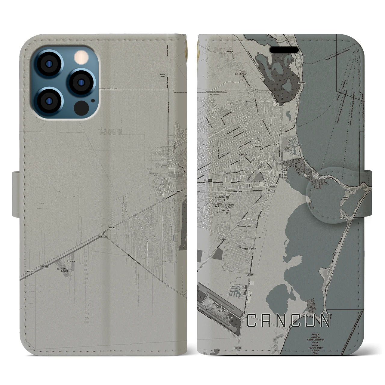 【カンクン(メキシコ)】地図柄iPhoneケース(手帳タイプ)モノトーン・iPhone 12 / 12 Pro 用