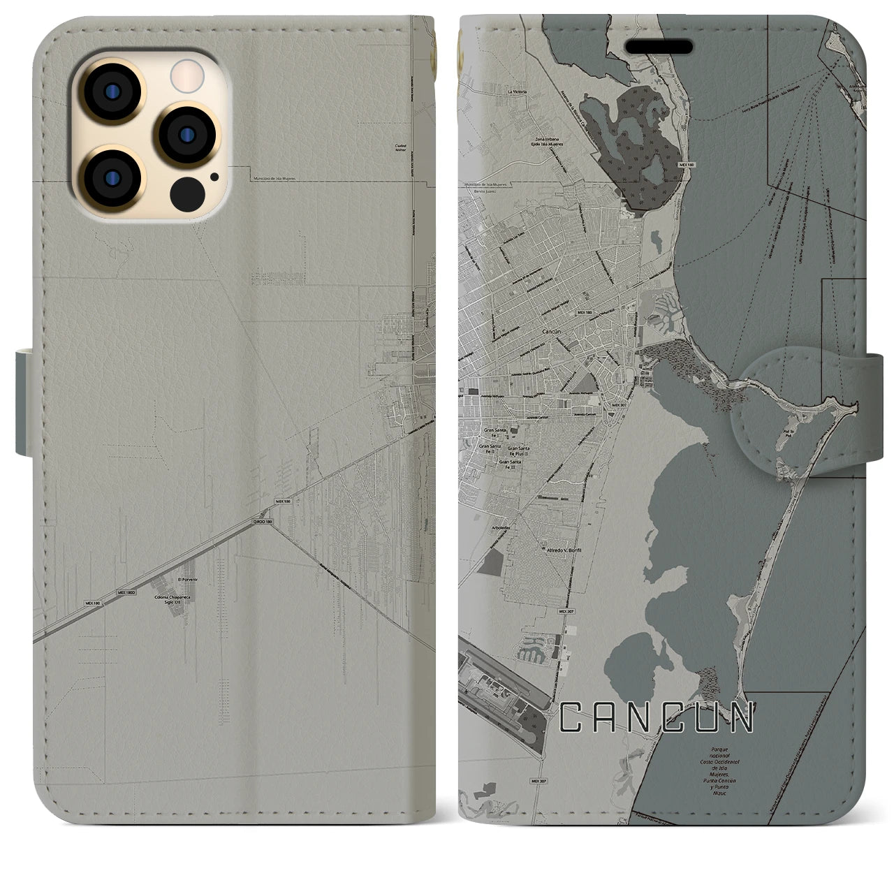 【カンクン(メキシコ)】地図柄iPhoneケース(手帳タイプ)モノトーン・iPhone 12 Pro Max 用