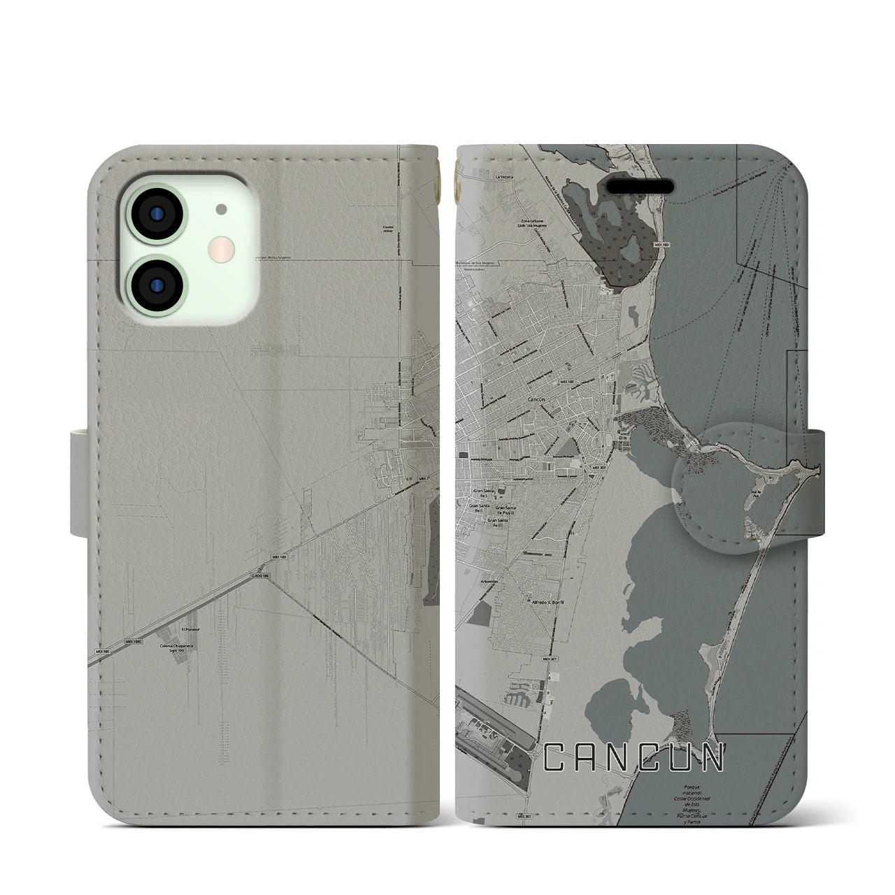 【カンクン(メキシコ)】地図柄iPhoneケース(手帳タイプ)モノトーン・iPhone 12 mini 用