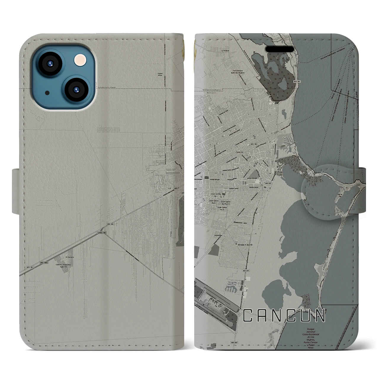 【カンクン(メキシコ)】地図柄iPhoneケース(手帳タイプ)