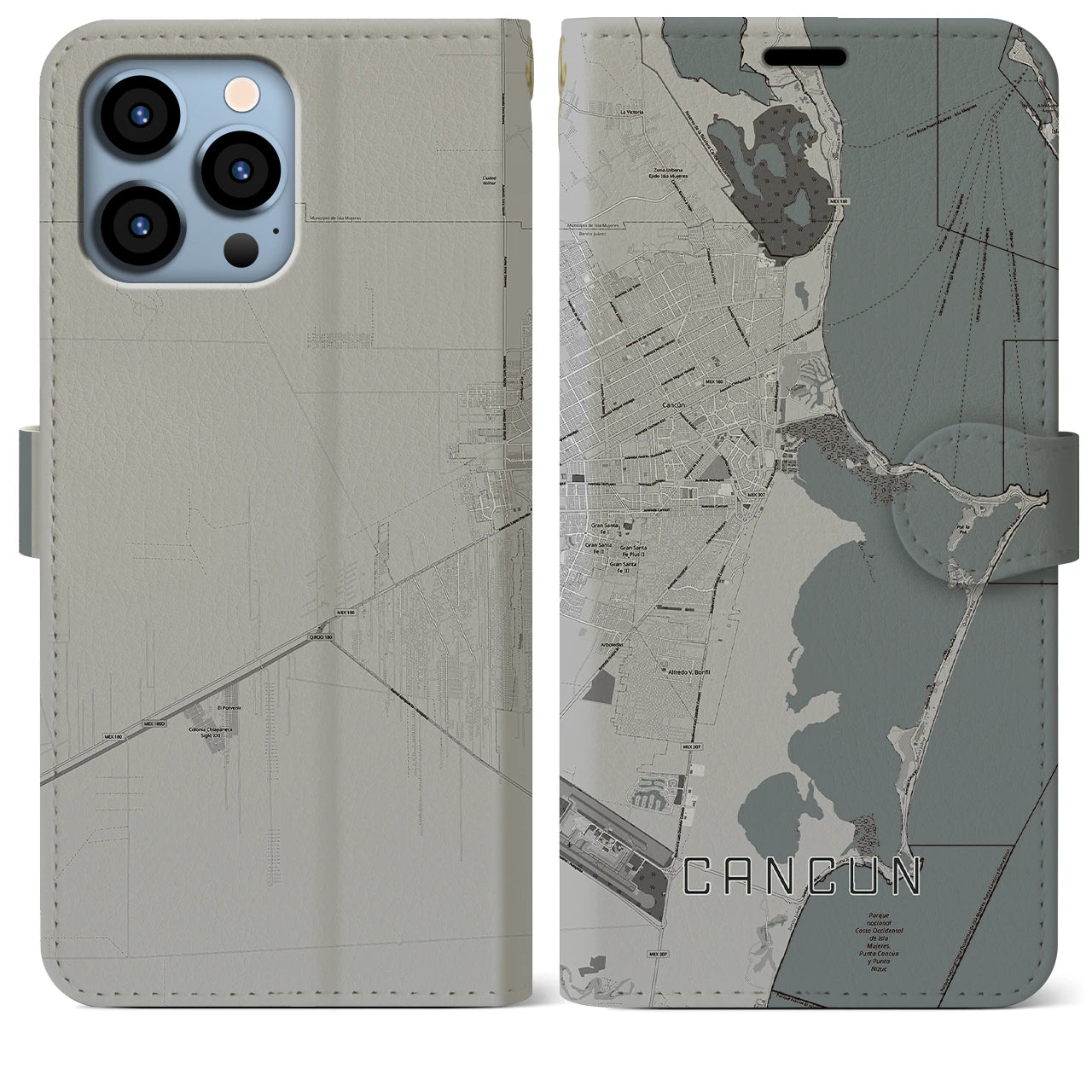 【カンクン(メキシコ)】地図柄iPhoneケース(手帳タイプ)