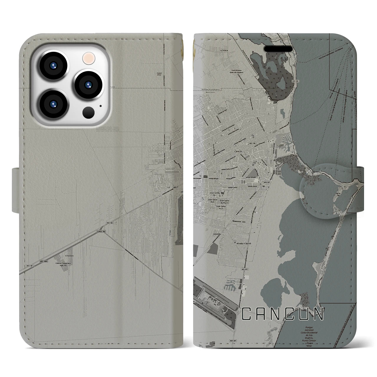 【カンクン(メキシコ)】地図柄iPhoneケース(手帳タイプ)モノトーン・iPhone 13 Pro 用