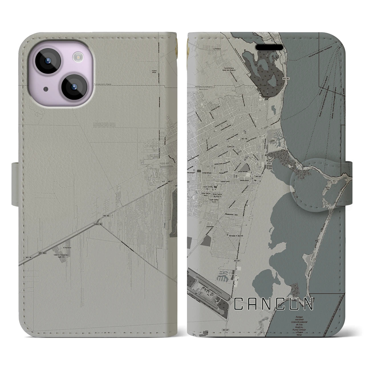 【カンクン(メキシコ)】地図柄iPhoneケース(手帳タイプ)