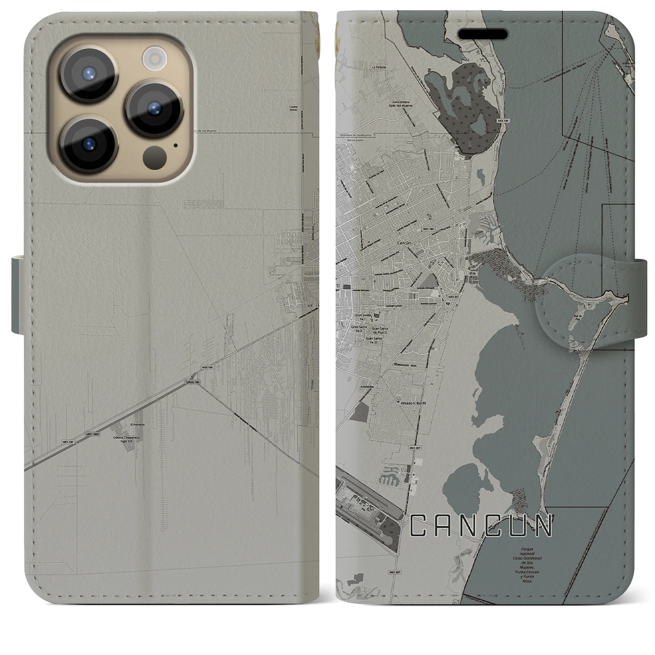 【カンクン(メキシコ)】地図柄iPhoneケース(手帳タイプ)