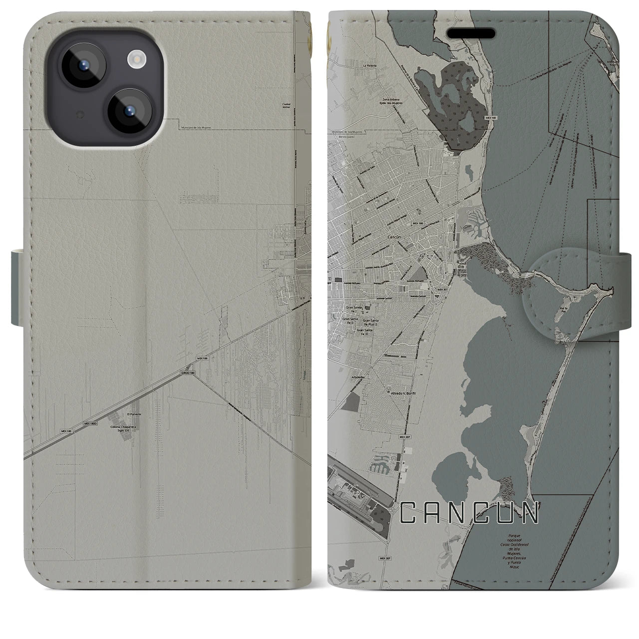 【カンクン(メキシコ)】地図柄iPhoneケース(手帳タイプ)モノトーン・iPhone 14 Plus 用