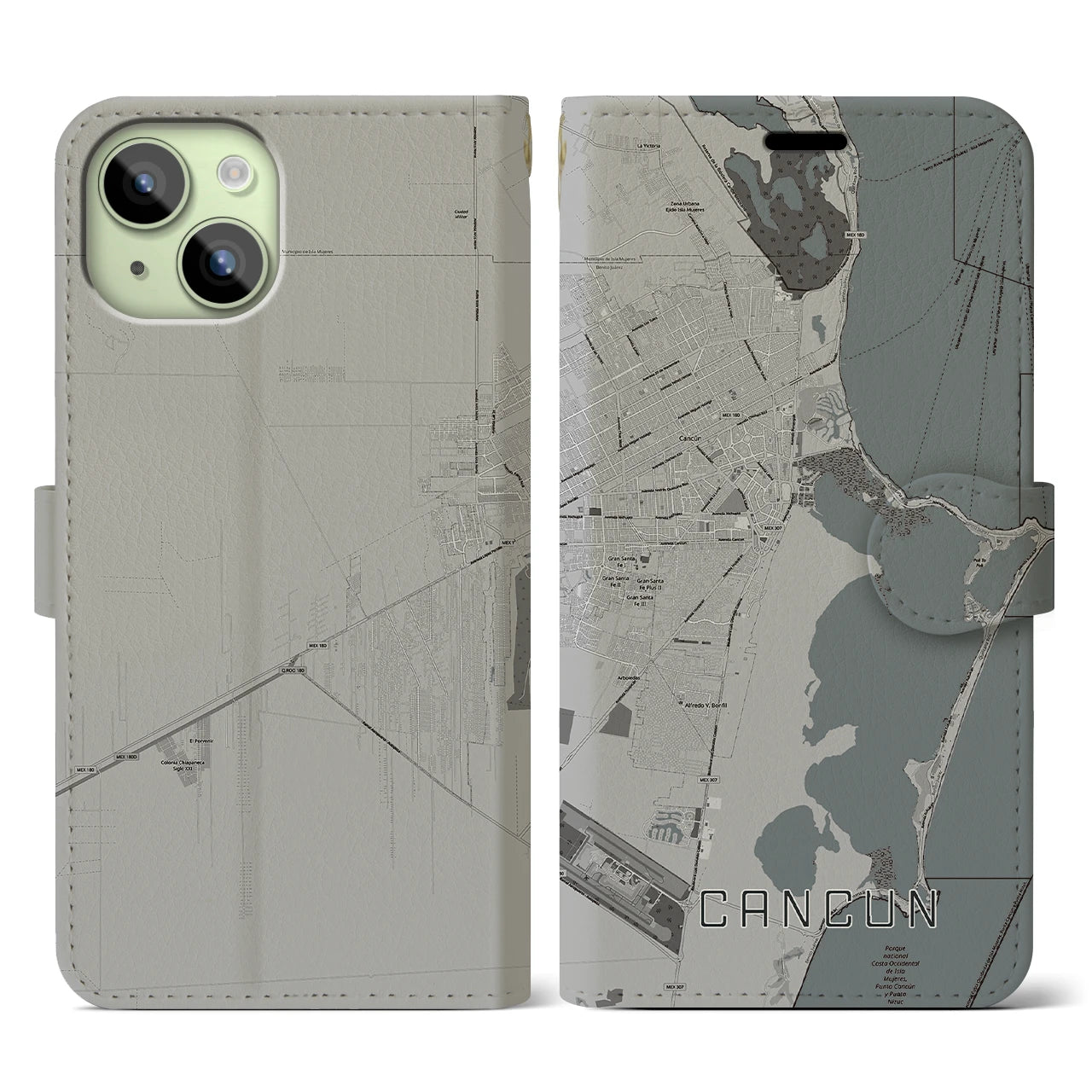 【カンクン(メキシコ)】地図柄iPhoneケース(手帳タイプ)モノトーン・iPhone 15 用