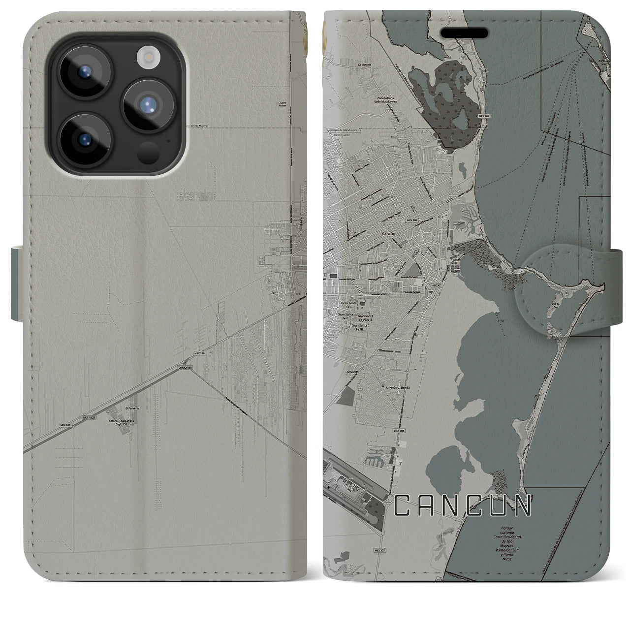 【カンクン(メキシコ)】地図柄iPhoneケース(手帳タイプ)モノトーン・iPhone 15 Pro Max 用