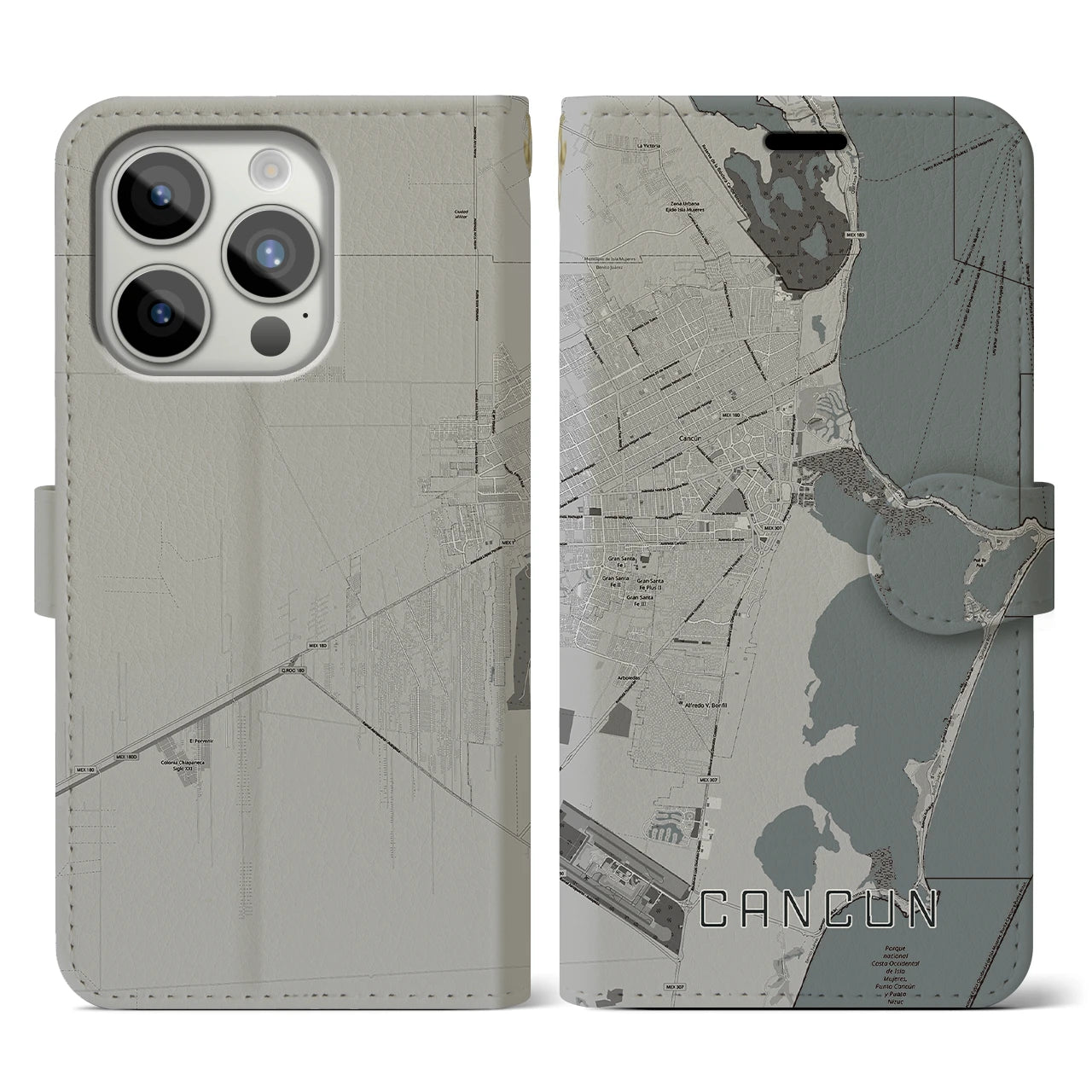 【カンクン(メキシコ)】地図柄iPhoneケース(手帳タイプ)モノトーン・iPhone 15 Pro 用