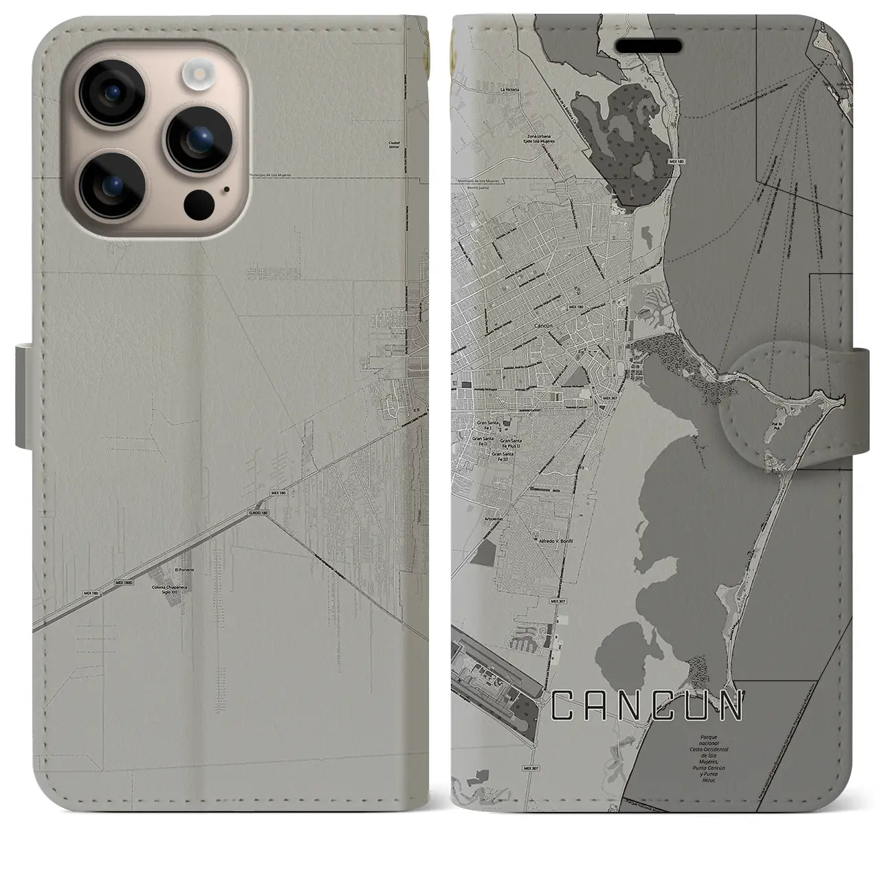 【カンクン(メキシコ)】地図柄iPhoneケース(手帳タイプ)モノトーン・iPhone 16 Plus 用