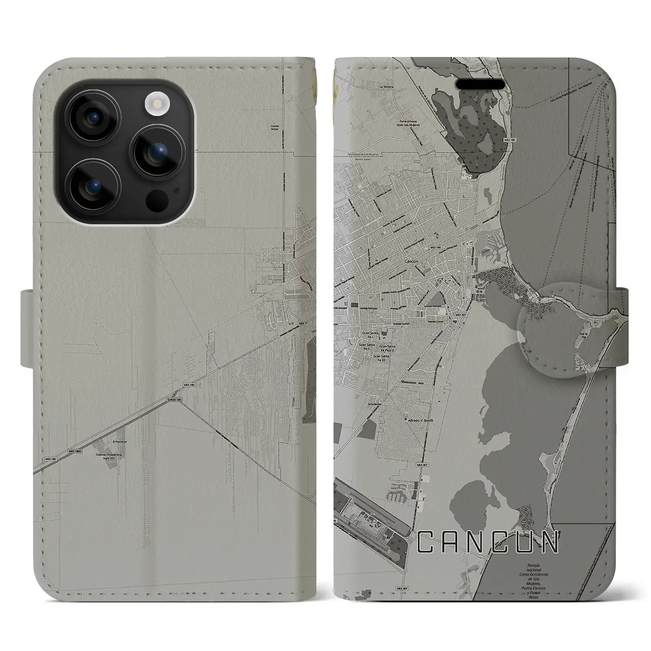 【カンクン(メキシコ)】地図柄iPhoneケース(手帳タイプ)モノトーン・iPhone 16 用