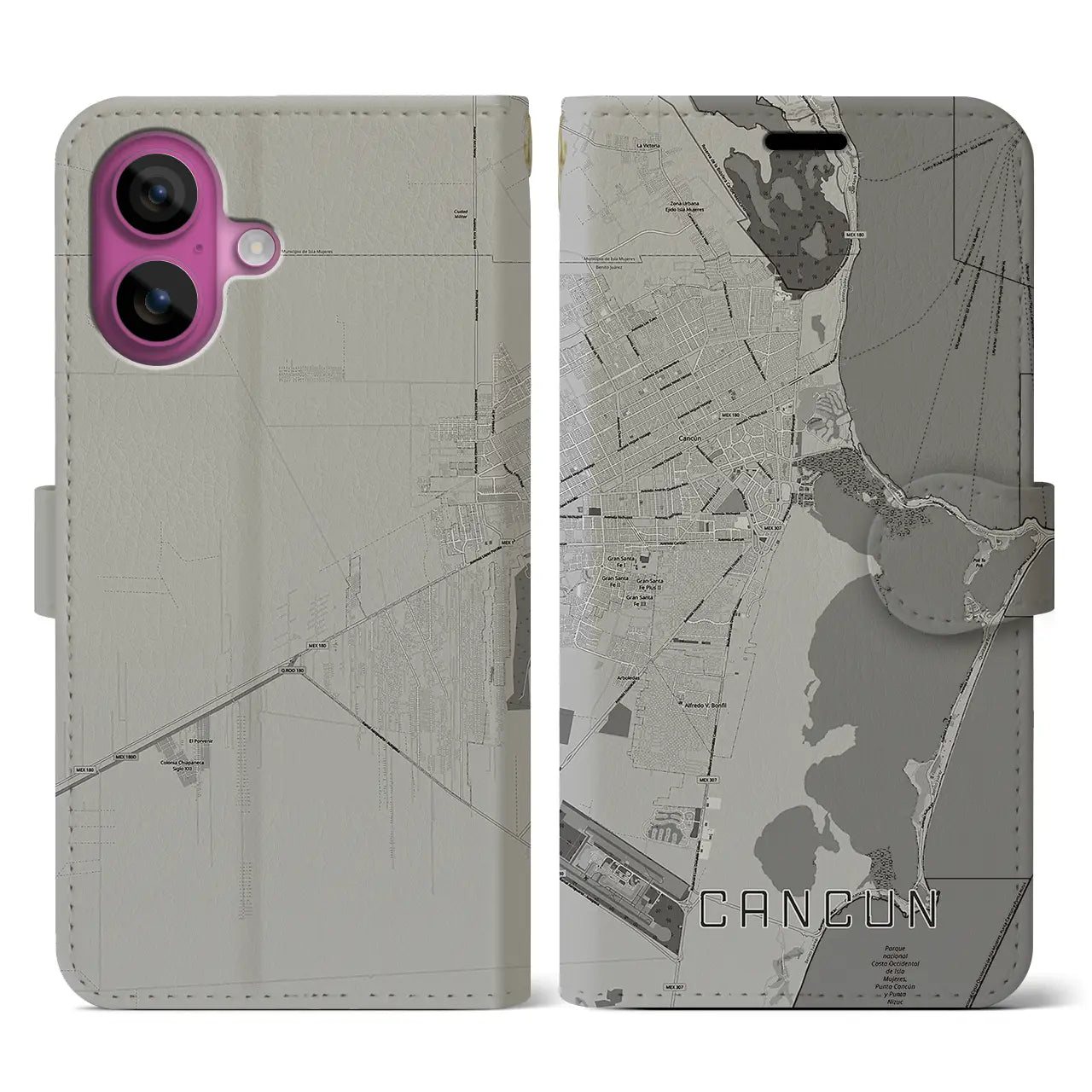 【カンクン(メキシコ)】地図柄iPhoneケース(手帳タイプ)モノトーン・iPhone 16 Pro 用